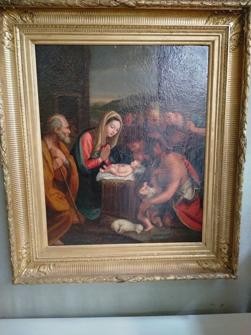 Null Scuola francese del XVIII secolo, "La Nativité" olio su tela. Nella sua cor&hellip;