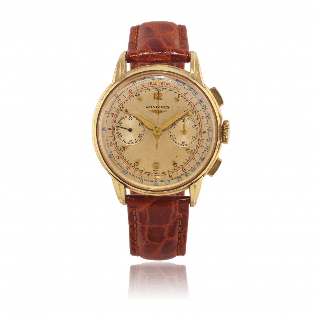 Null LONGINES OVERSIZE CHRONOGRAPH REF. 5966 IN GOLD, CIRCA 1957 Case: signed, n&hellip;
