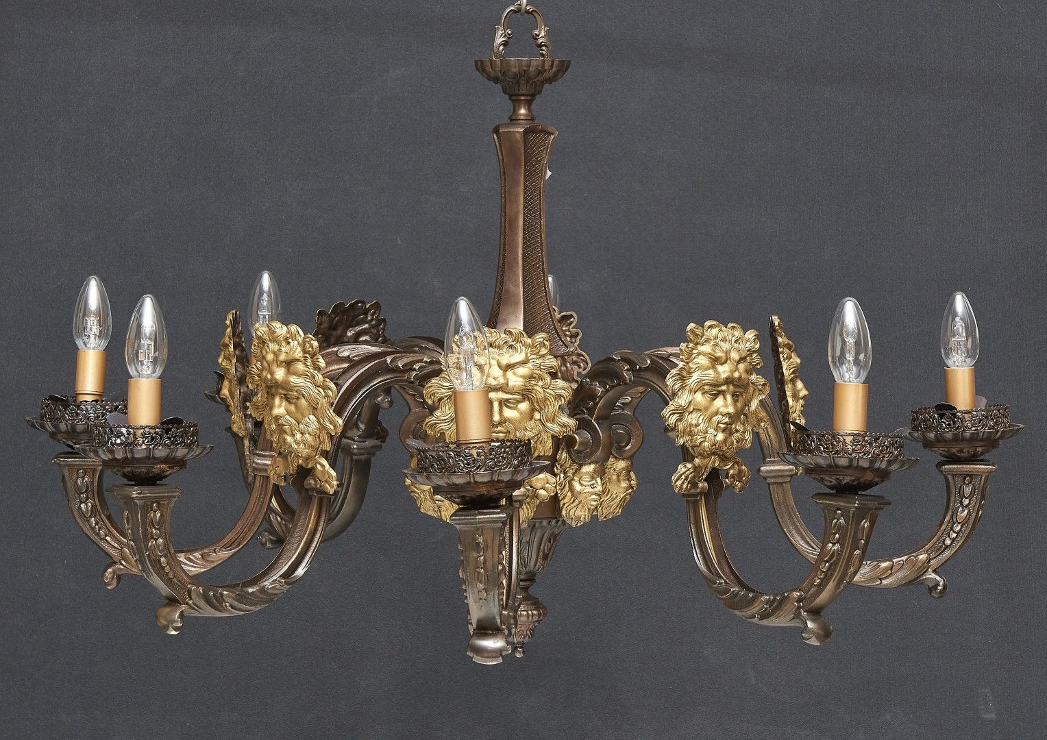 Null 灯具 20世纪 斑驳的青铜和应用鎏金的面具，有八个灯和水滴形的地面玻璃灯罩。60 x 92 cm