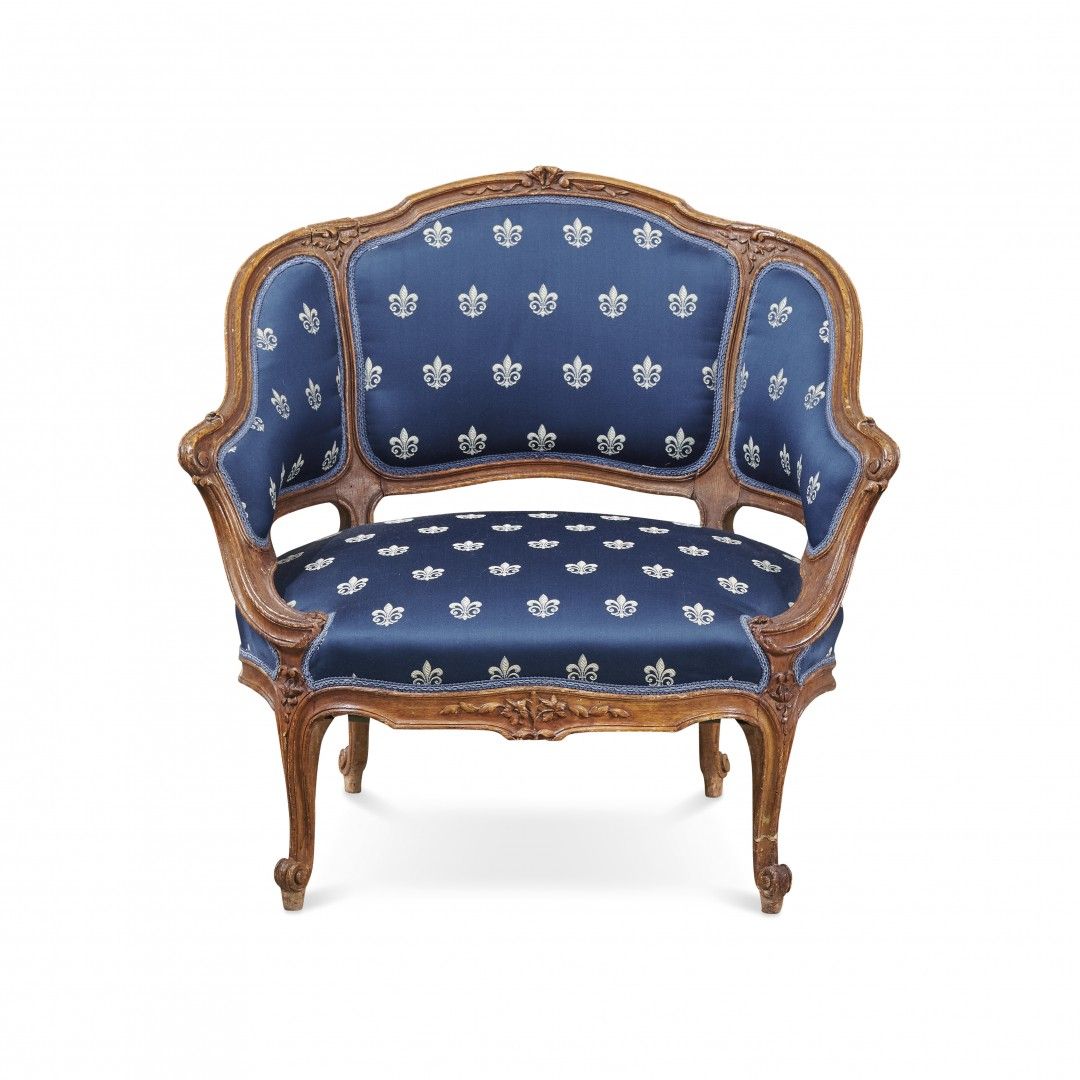 Null Bergère 20th Century Shaped, walnut, upholstered in blue silk with lilies. &hellip;