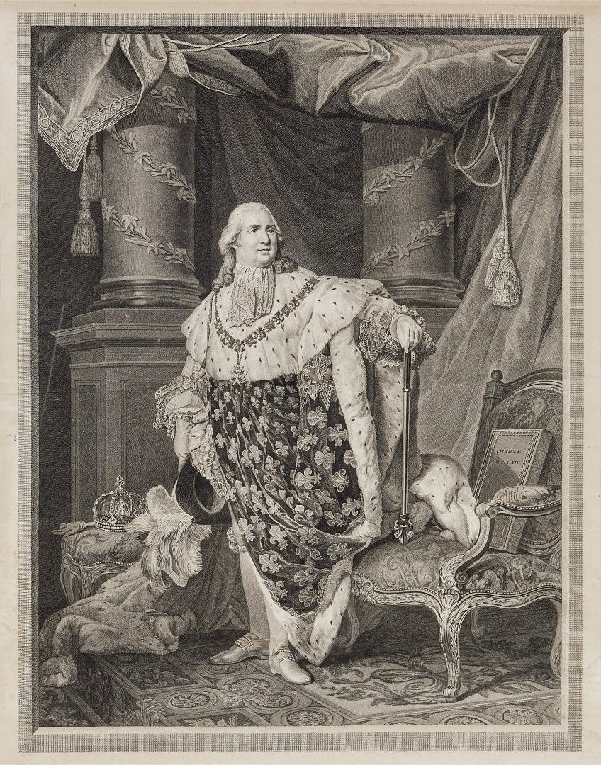 Null LUIGI XVI 19世纪表现法国国王与1814年宪章的蚀刻画，装在一个现代绘画和镀金的木框中。68 x 54 cm