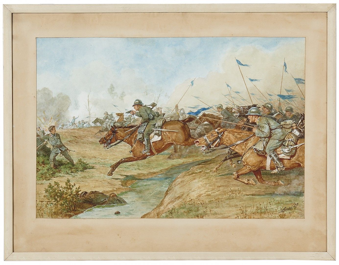 Null 热那亚的龙在弗里乌洛战役中的表现 20世纪 纸上水彩画 35.5 x 53 cm 1917年10月底，热那亚的骑兵和第三军的Lancieri di N&hellip;
