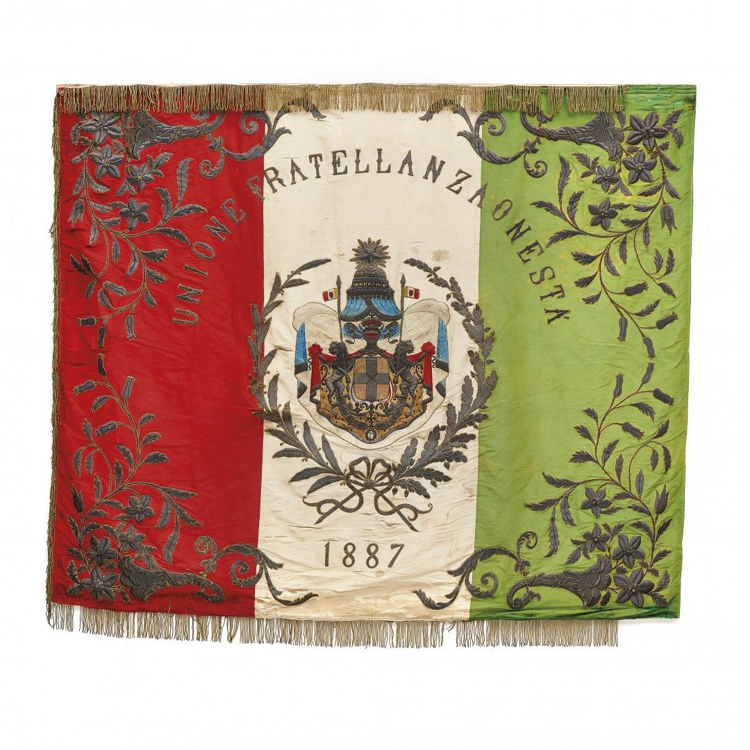 Null FLAGGE DES KÖNIGREICHS ITALIEN 1887 Seidenfahne, bestickt mit polychromen F&hellip;