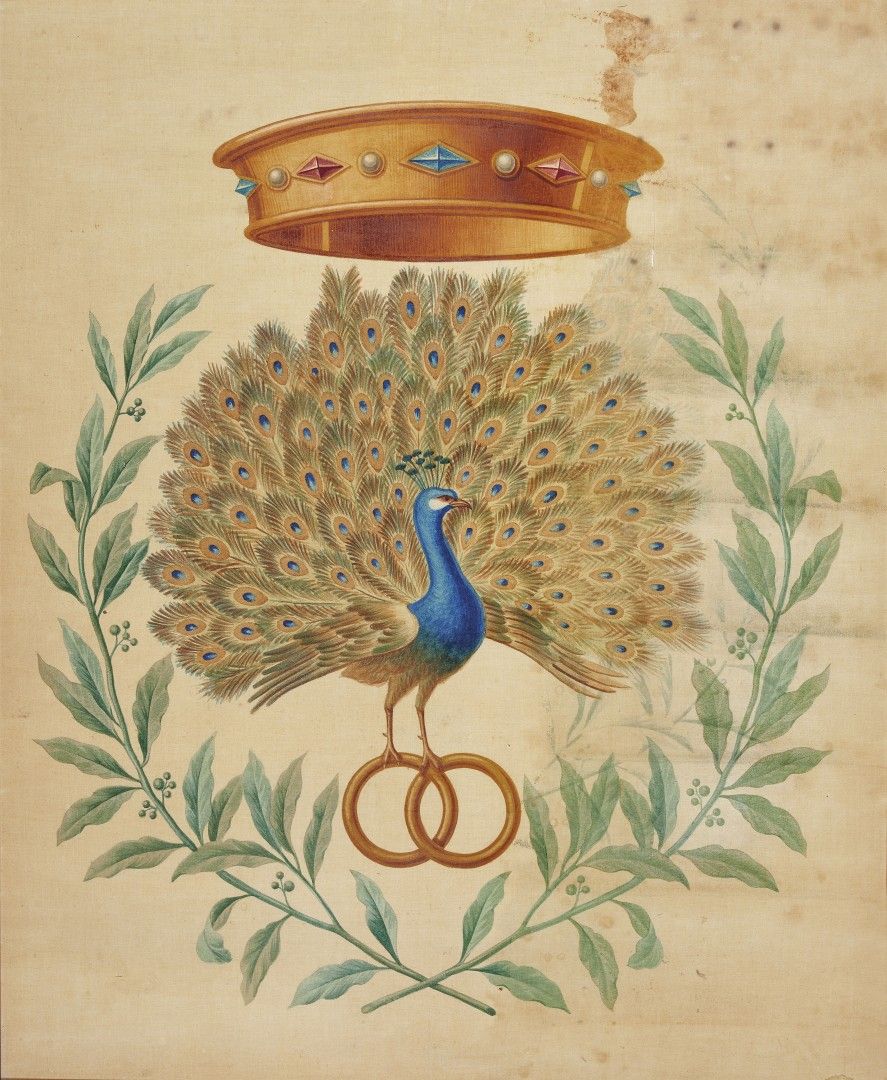 Null 彩绘丝绸面板 19-20世纪 婚礼礼物，描绘了一只孔雀拿着一对结婚戒指，上面有一个皇冠。


污点、磨损和时间的痕迹。113 x 92.5 cm