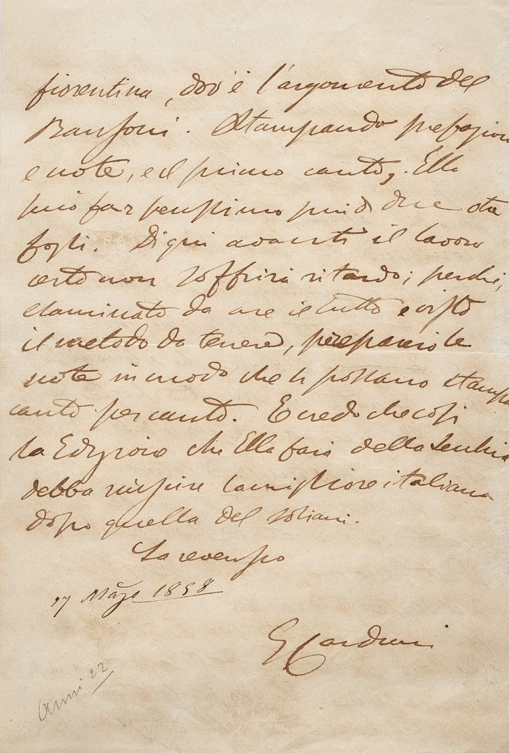 Null Carducci, Giosué - Carducci, Giosué.签名信，8开2页，日期为 "1858年3月17日"，可能是写给出版商Barbe&hellip;