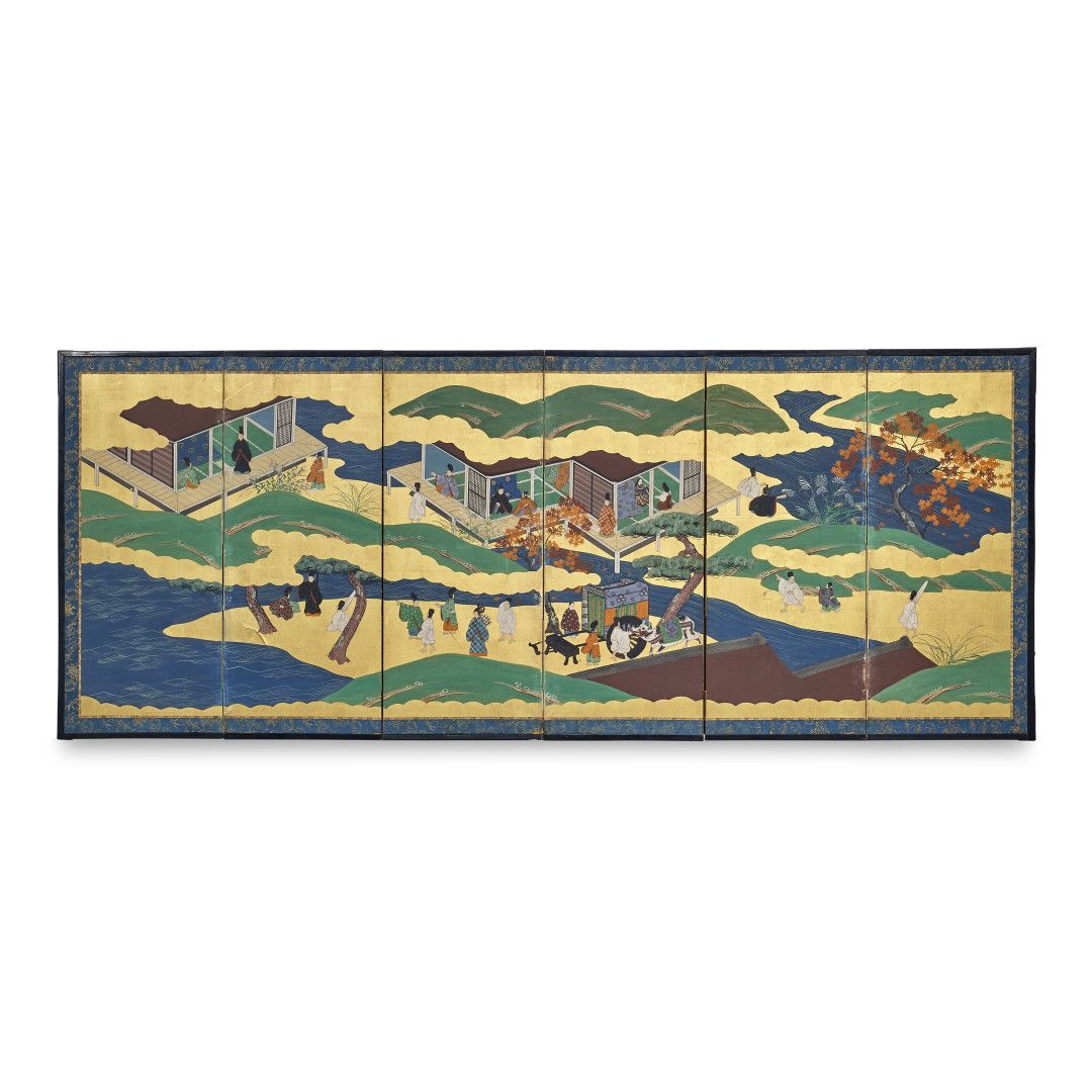 Null PARAVENTO Giappone, periodo Meiji - A sei ante, raffigura un paesaggio con &hellip;