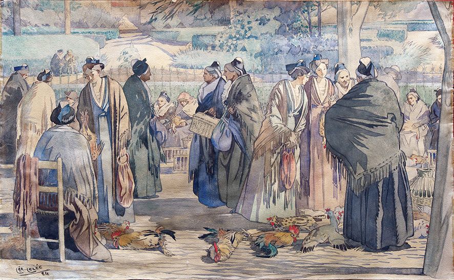 Null LELEE Léopold, 1872 - 1947 " The poultry market " 1896. Watercolour (slight&hellip;