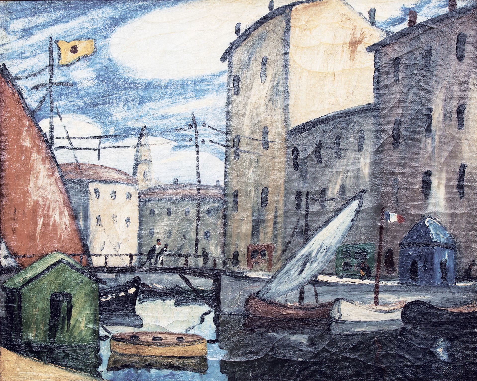 Null VERDILHAN Louis Mathieu, 1875-1928 " 马赛海关的运河"。布面油画（有开裂的痕迹），右下角有签名，位于画框背面，81&hellip;