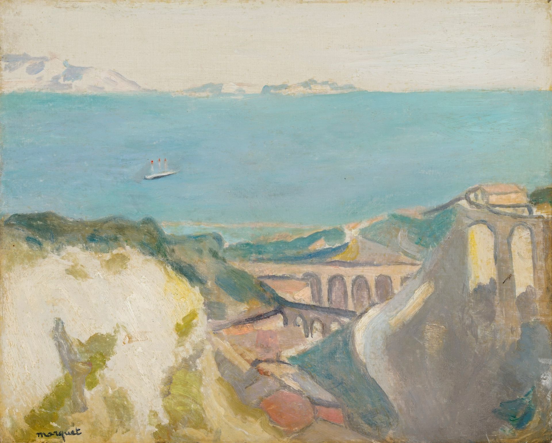 Null MARQUET Albert, 1875-1947 " L'Estaque, Viaduct " 1918.裱在纸板上的布面油画（修复），左下方有签名&hellip;