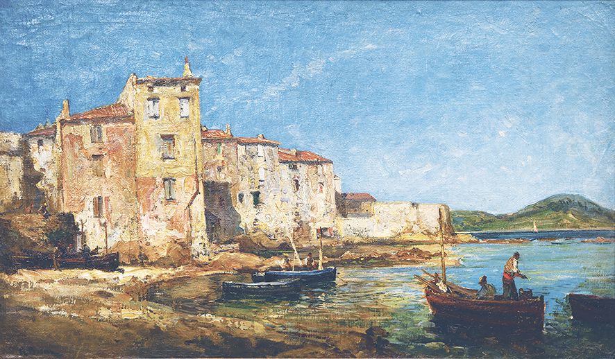 Null PONSON Raphaël, 1835-1904, " Plage de la Ponche à Saint - Tropez, Öl auf Le&hellip;