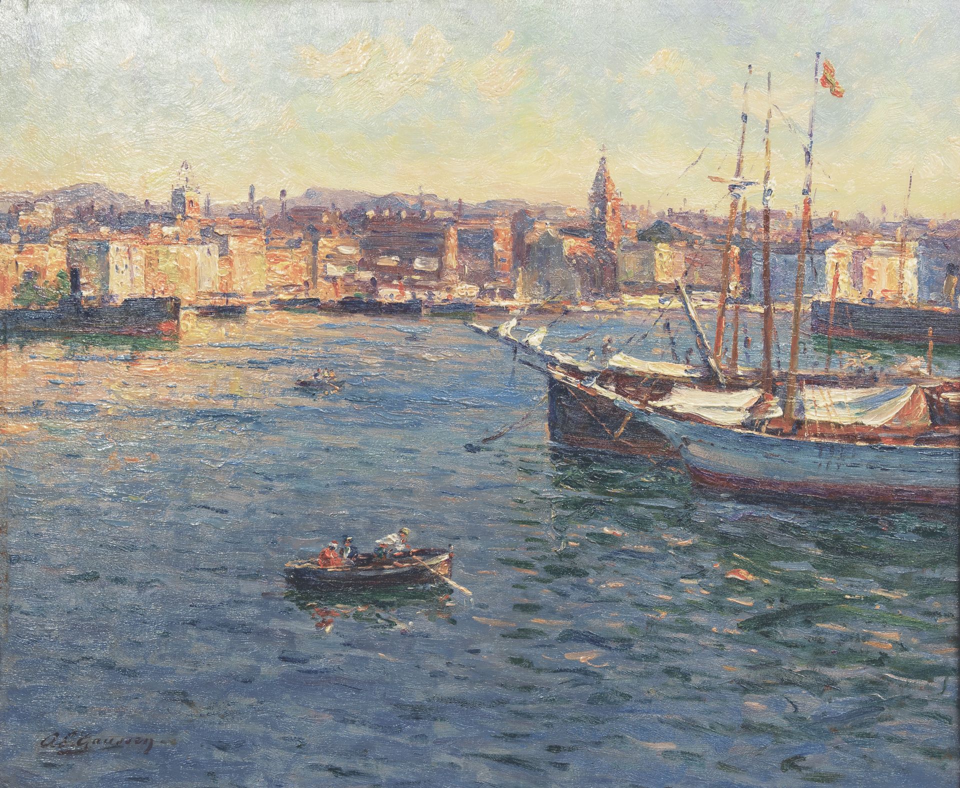 Null GAUSSEN Adolphe, 1871-1957 《马赛，老港》，木板油画，左下角有签名。