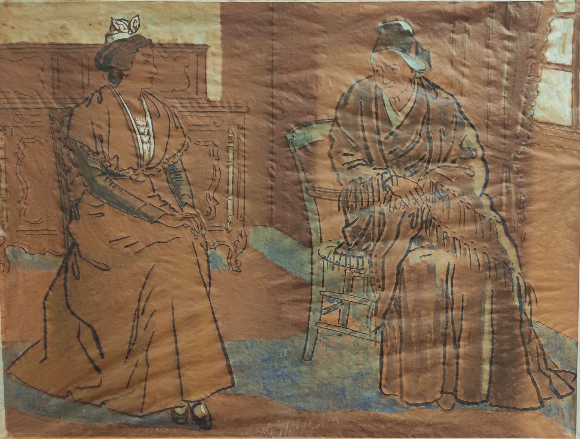 Null LELEE Léopold 1872 - 1947 " 理事会，室内的两个Arlesian女人"。描图纸上的水粉和黑墨水（略微偏析），右下方有签名。4&hellip;