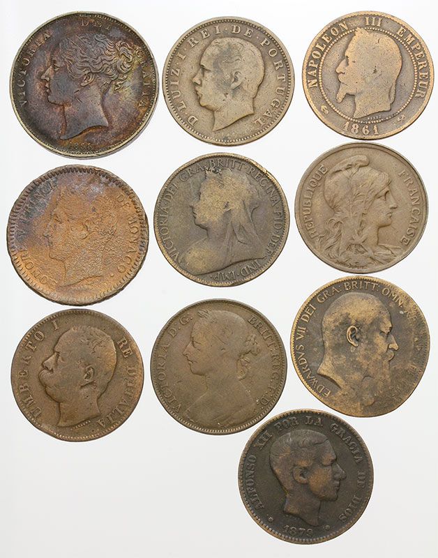 Tengo una clase de ingles Nevada franja Lote de 10 monedas de cobre principalmente del siglo XIX… | Drouot.com