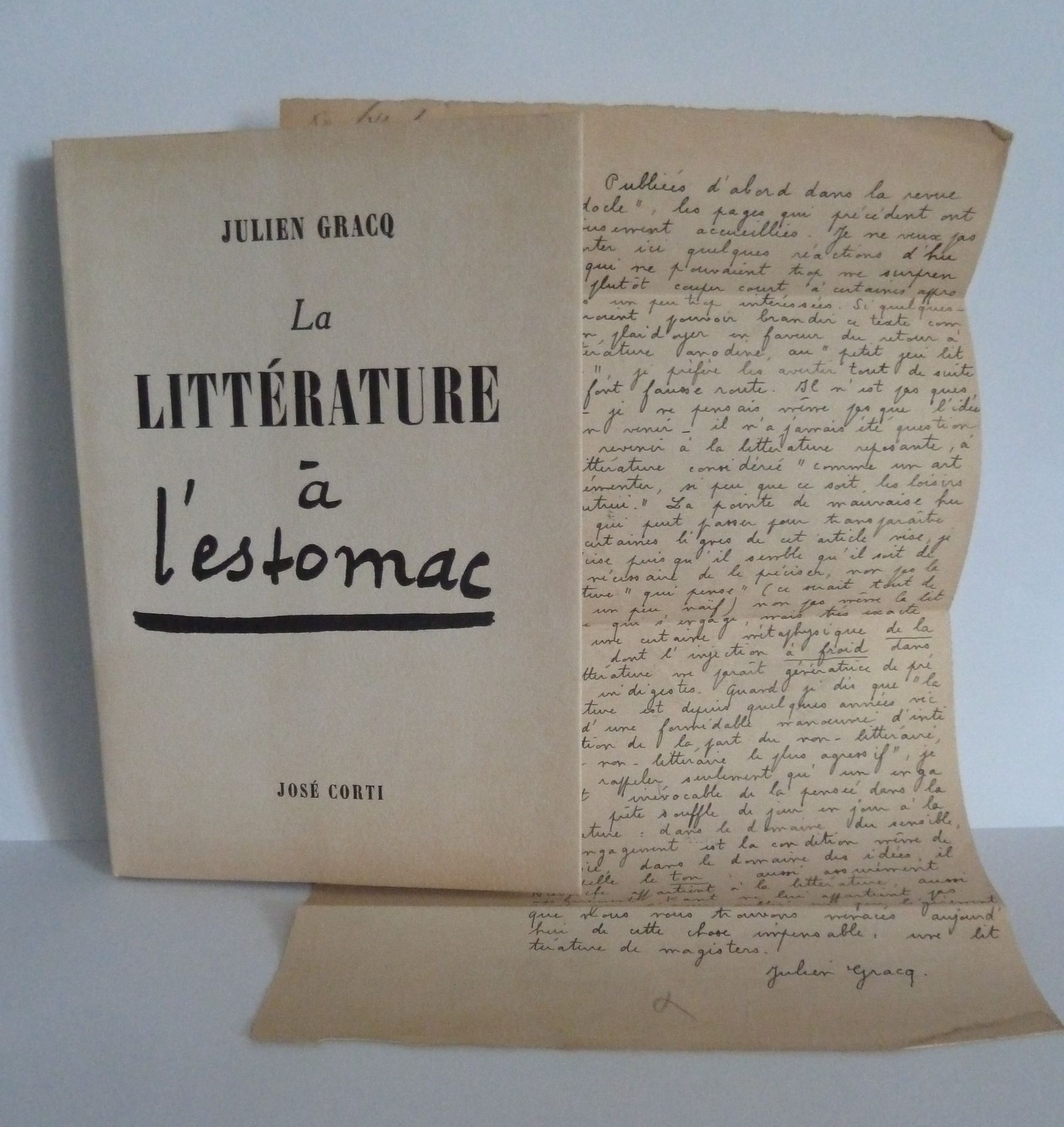 Null (Corti) GRACQ, Julien: La littérature à l'estomac.巴黎：何塞-科尔蒂，1950年。一卷12°平装印刷&hellip;
