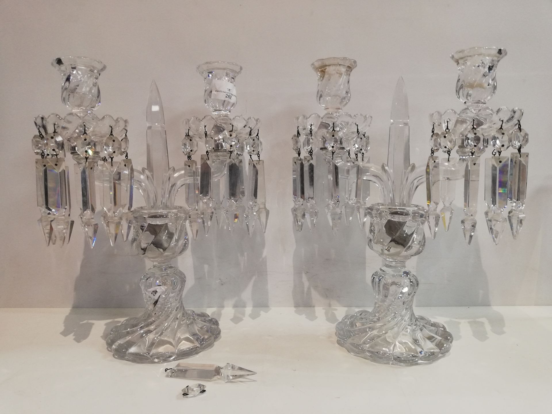 Null BACCARAT: Pair of candelabras with two arms of light in molded crystal deco&hellip;