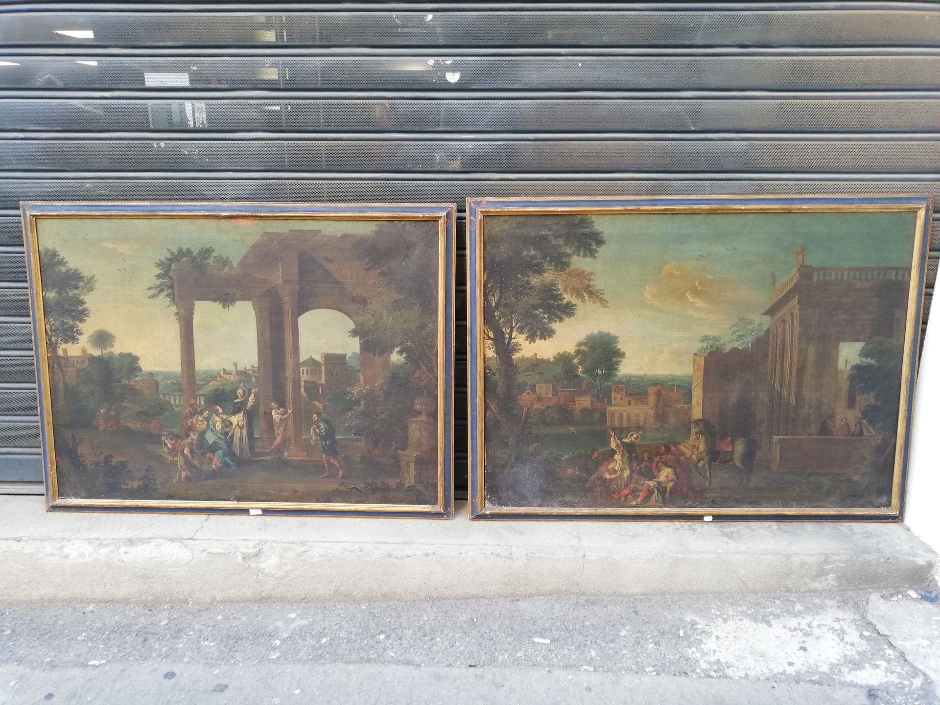 Null 十八世纪的意大利学校，"圣文森特-费雷尔的奇迹 "两幅布面油画挂件，非常漂亮的建筑装饰，90x125cm和92x127cm。