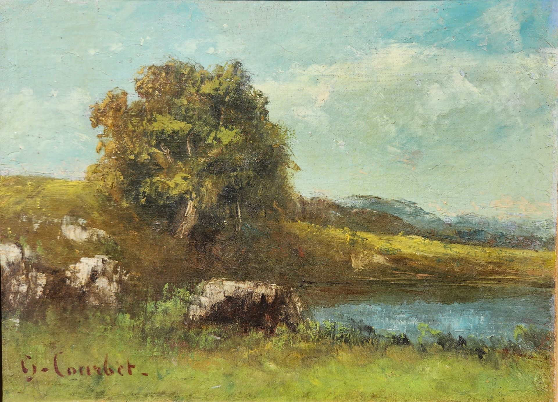 Null 古斯塔夫-库尔贝（1819-1877），《湖边的岩石和树木》，约1875-1876年。布面油画。右下方有签名。18.4 x 25厘米（担架可能是后来的&hellip;