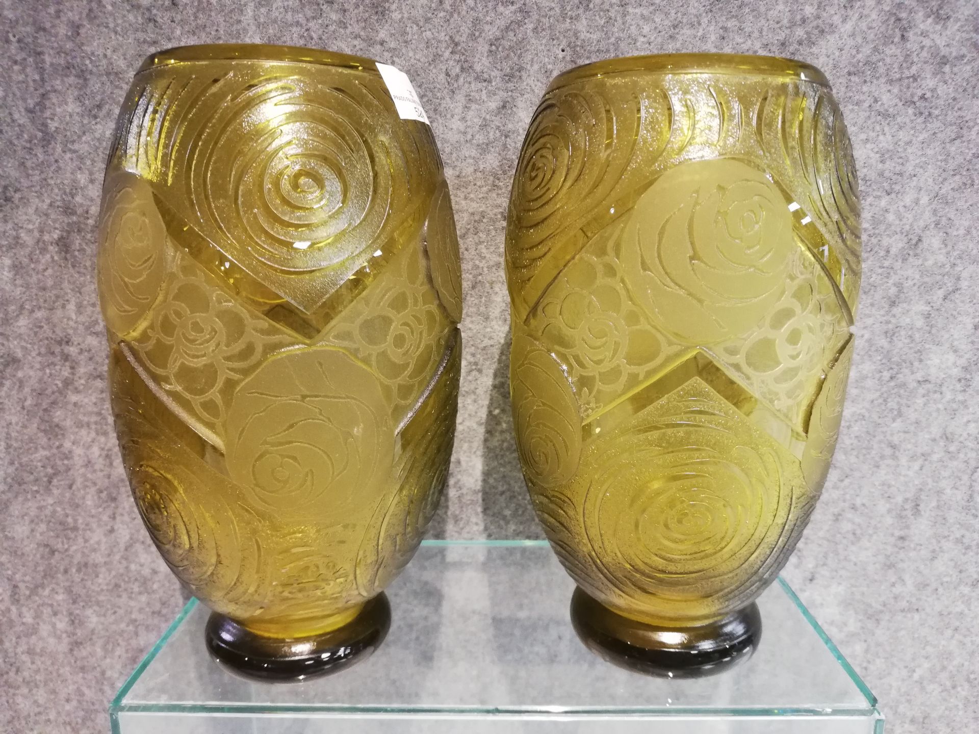 Null MONTJOYE, pair of vases, yellow smoked glass proofs with acid-etched decora&hellip;