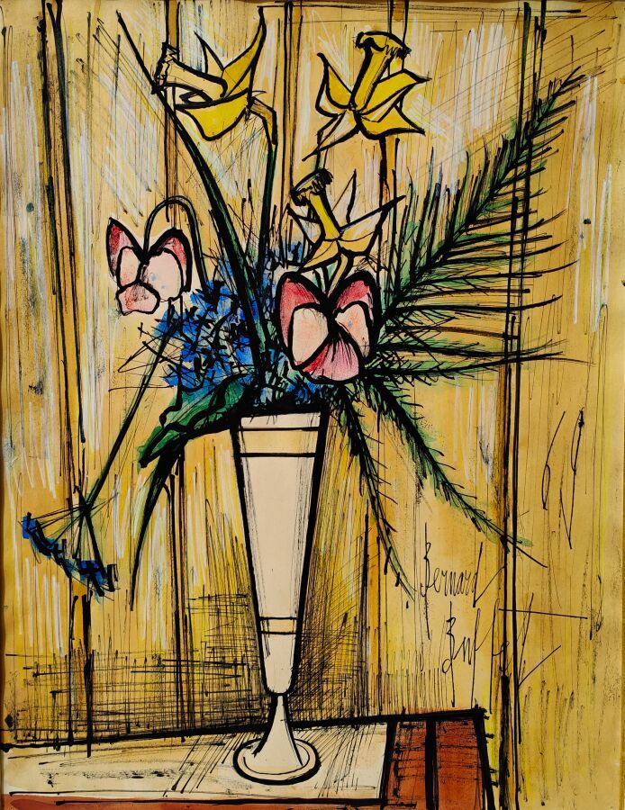 Null Bernard BUFFET : "Jonquilles et fleurs papillon, 1969". Technique mixte sur&hellip;