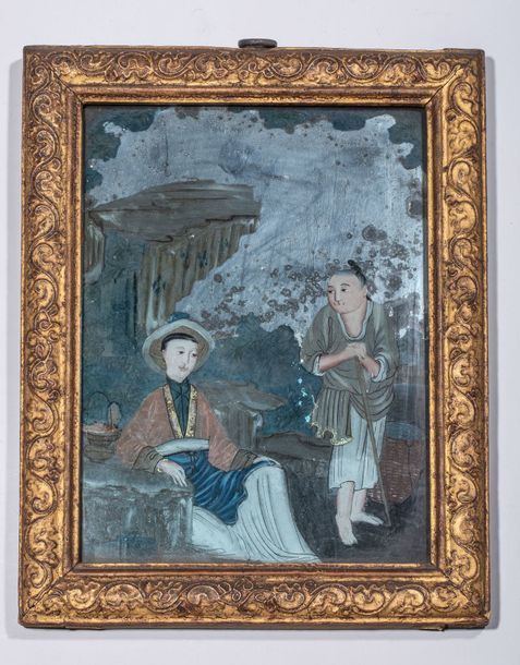 Null Verre peint encadré, représentant un maître et son servant. 22.5 x 28 cm. C&hellip;