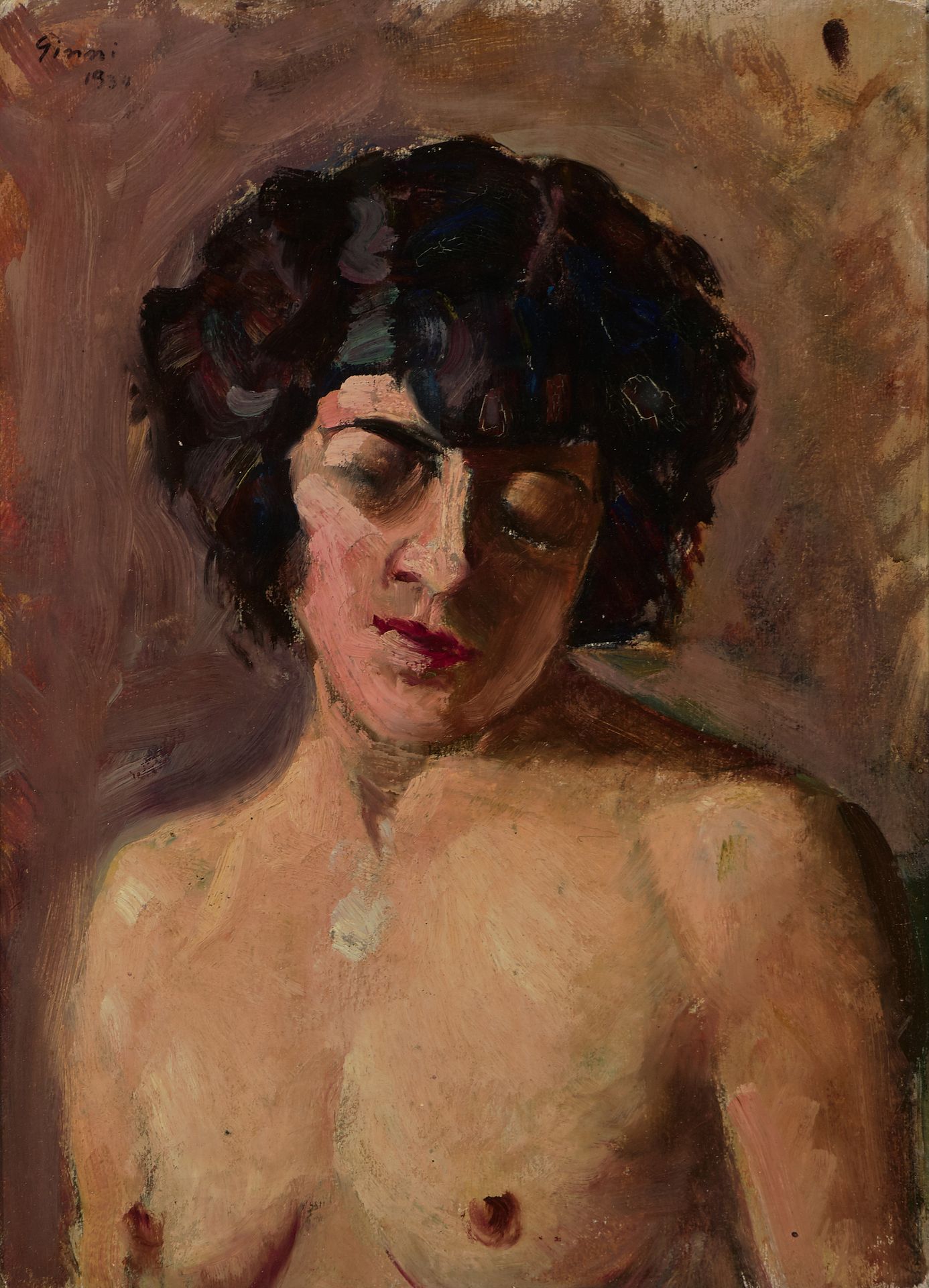 Gimmi, Wilhelm Gimmi, Wilhelm
(苏黎世 1886-1965 Chexbres)
一个年轻女人的半身肖像。 1934年。纸板上的油画&hellip;
