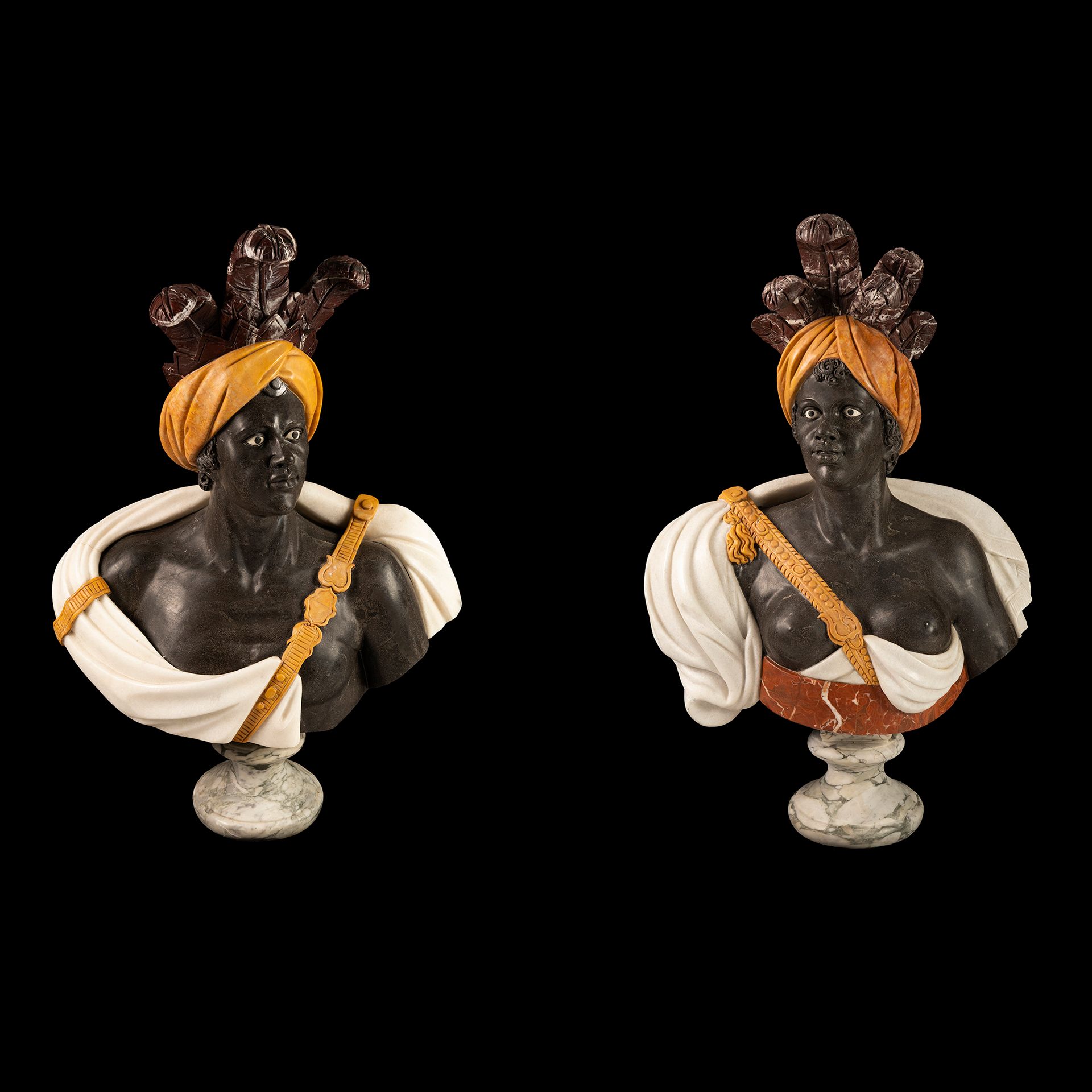Null Pair of large busts of a moor in black and polychrome marble, respectively &hellip;