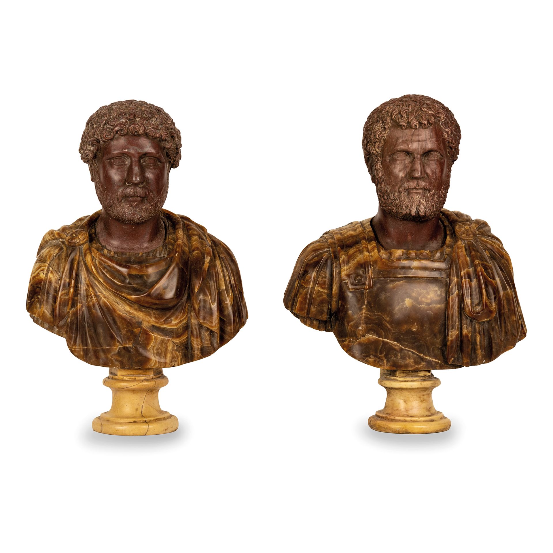 Null Pair of sculptures in ancient red marble and flowered alabaster each depict&hellip;
