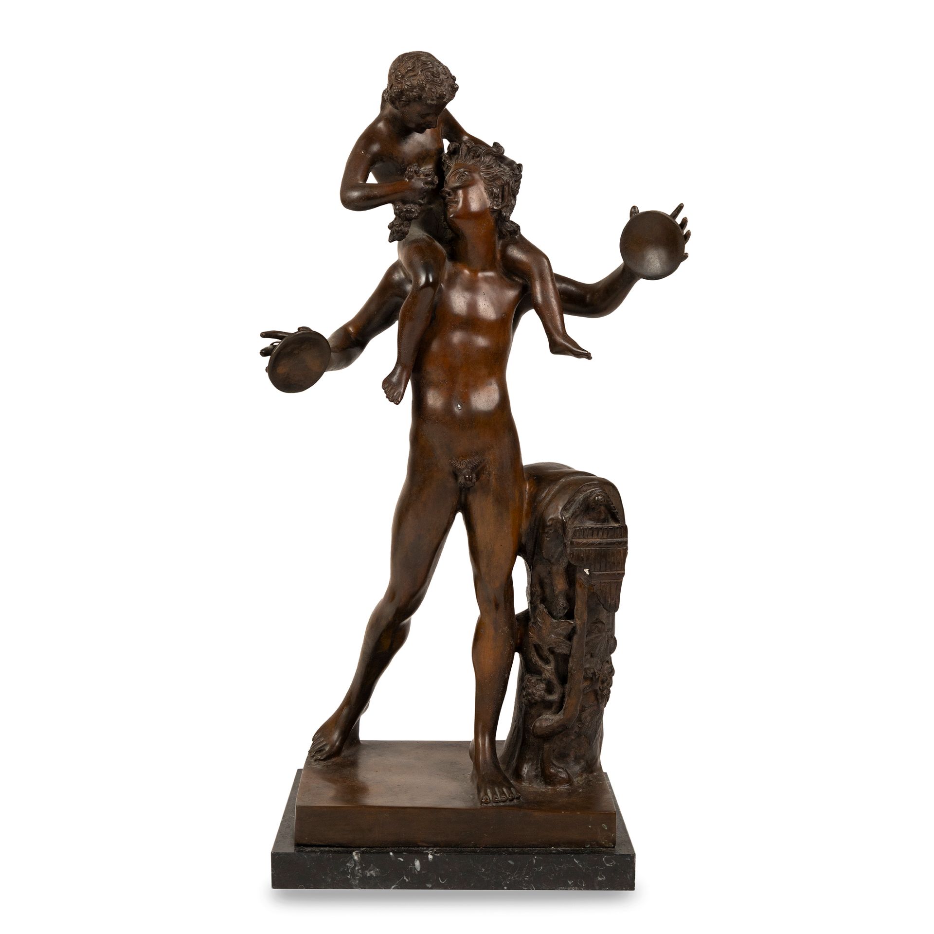Null Faun carrying Bacchus, patinated bronze sculpture, early 20th century on a &hellip;