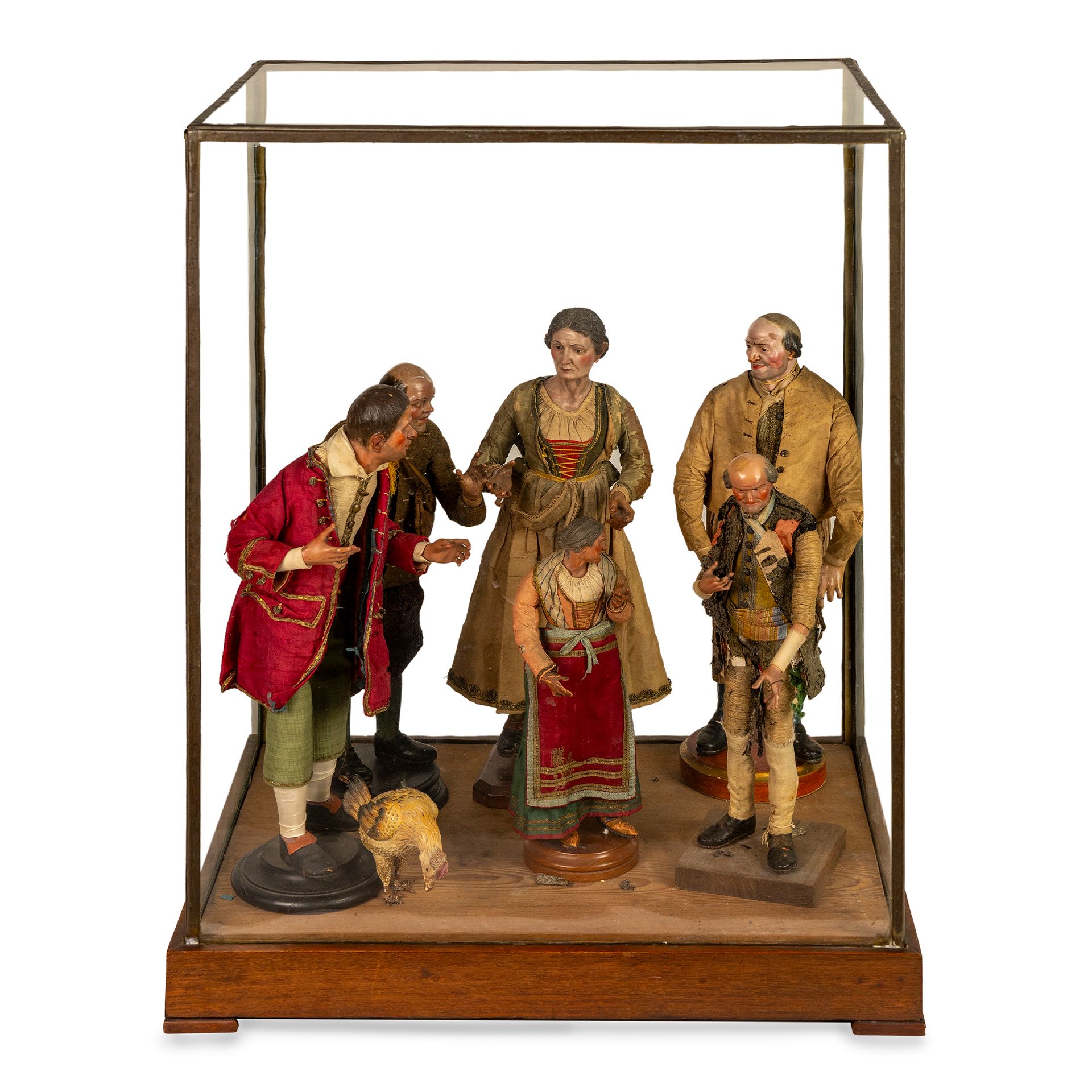 Null Display case containing six nativity scene shepherds and a hen, Naples, lat&hellip;