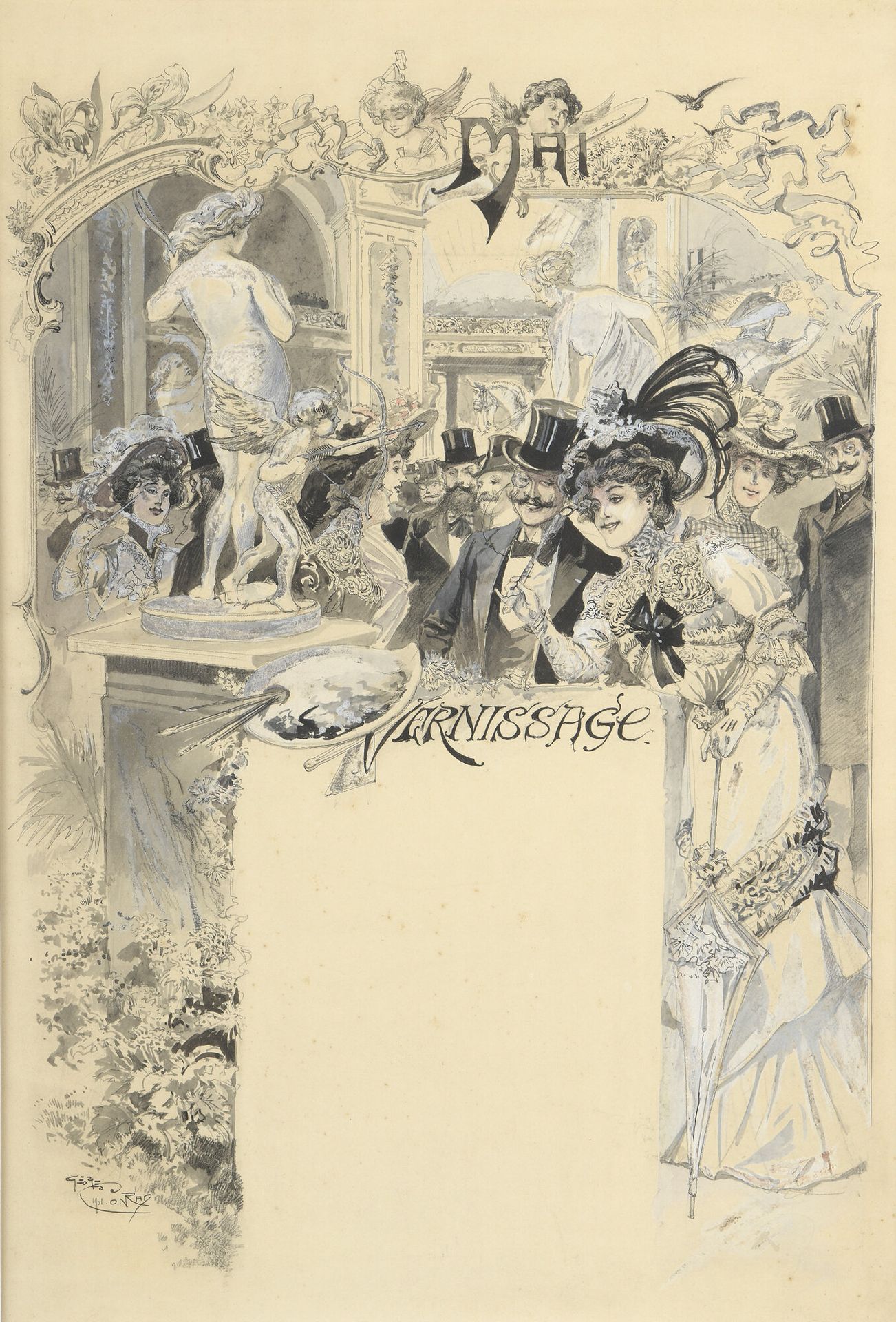 Null 乔治-孔拉德(1874-1936)

1901年"五月"开幕式的两份菜单草案。

笔、墨、白色水粉高光纸上。

底部有签名和日期。

39x28厘米和&hellip;