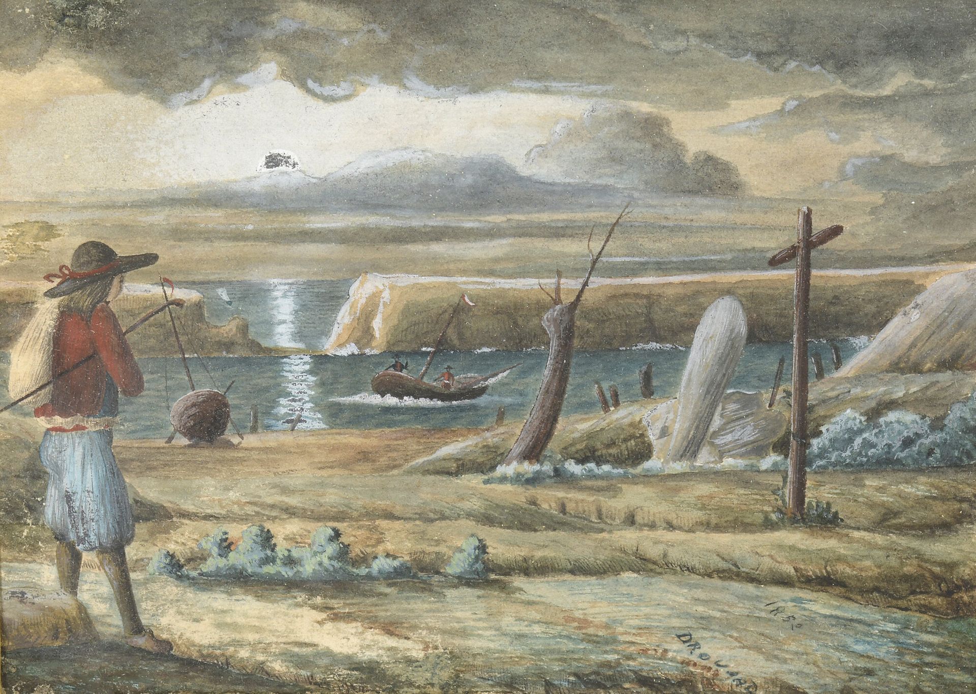 Null 德鲁亚

渔民返回旺代，1852年。

纸上铅笔和水彩画。

右下方有签名和日期。 


10.5 x 14.5厘米
