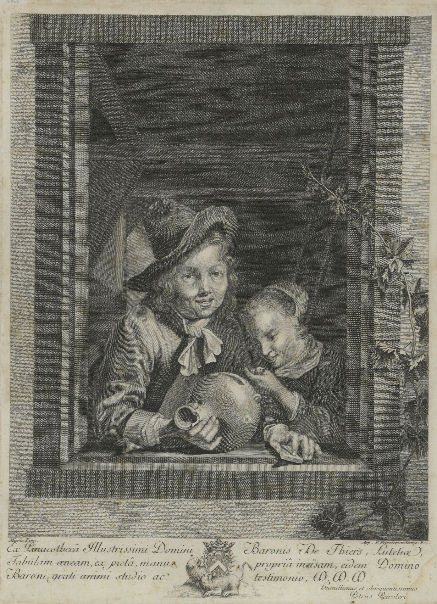 Null 在Willem van Mieris（1662-1747）之后。

小鸟和破壶的孩子们。

黑色雕刻，缝制，装裱。

32x25厘米（见图）