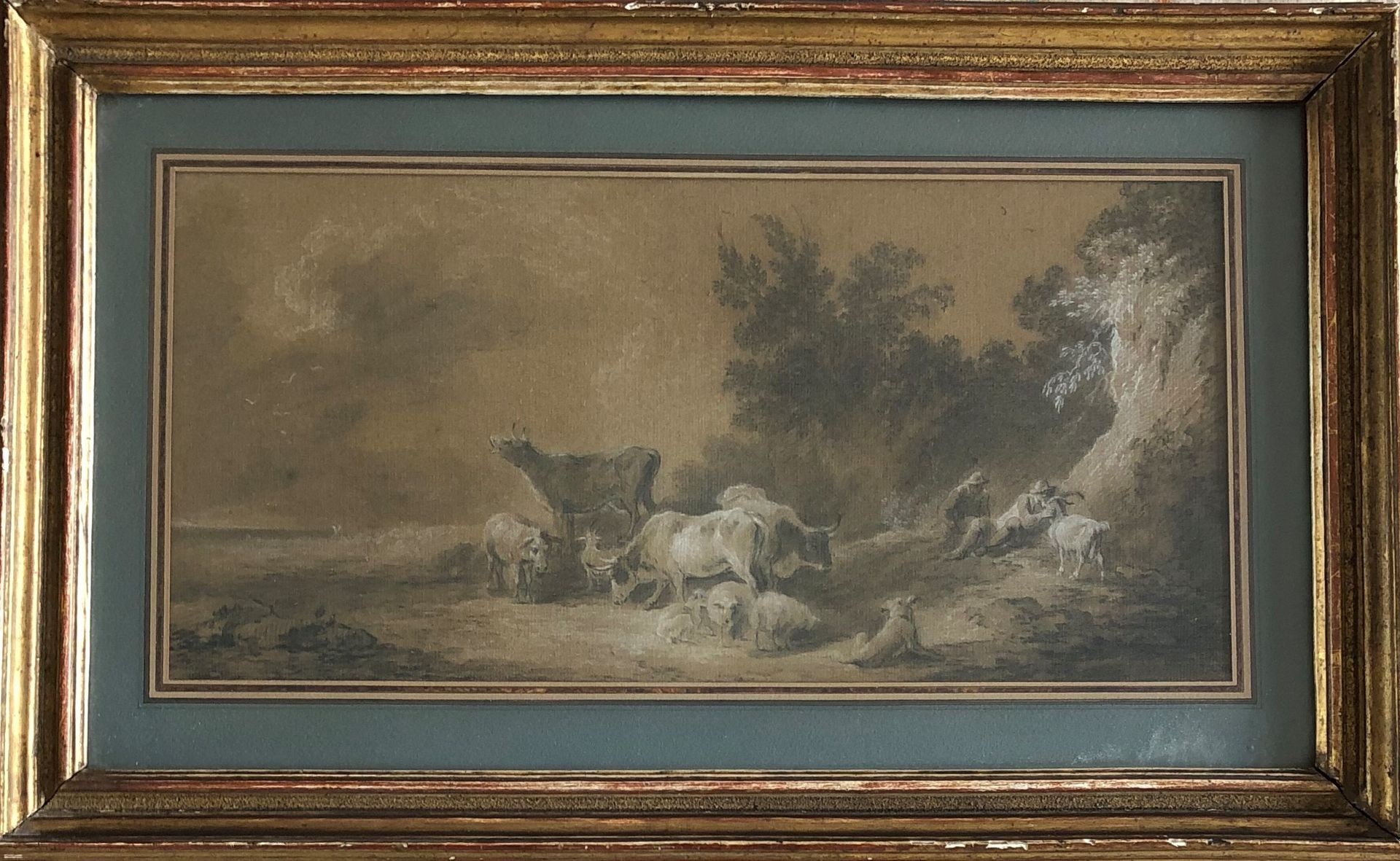 Null 18世纪法国学校，Jean-Baptiste Huet的随从。

牧羊人和他们的羊群

黑铅笔和白粉笔

20.5 x 43 cm，观摩