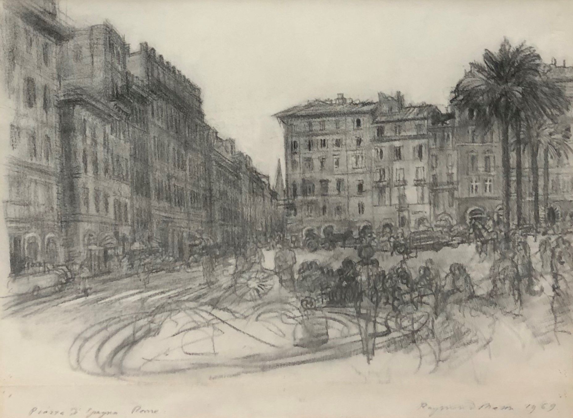 Null 雷蒙德-马森（1922-2010

埃斯帕尼亚广场，罗马，1969年

纸上炭笔，左下方有标题，右下方有签名和日期

角落里有粘性孔，底部有折痕

每&hellip;