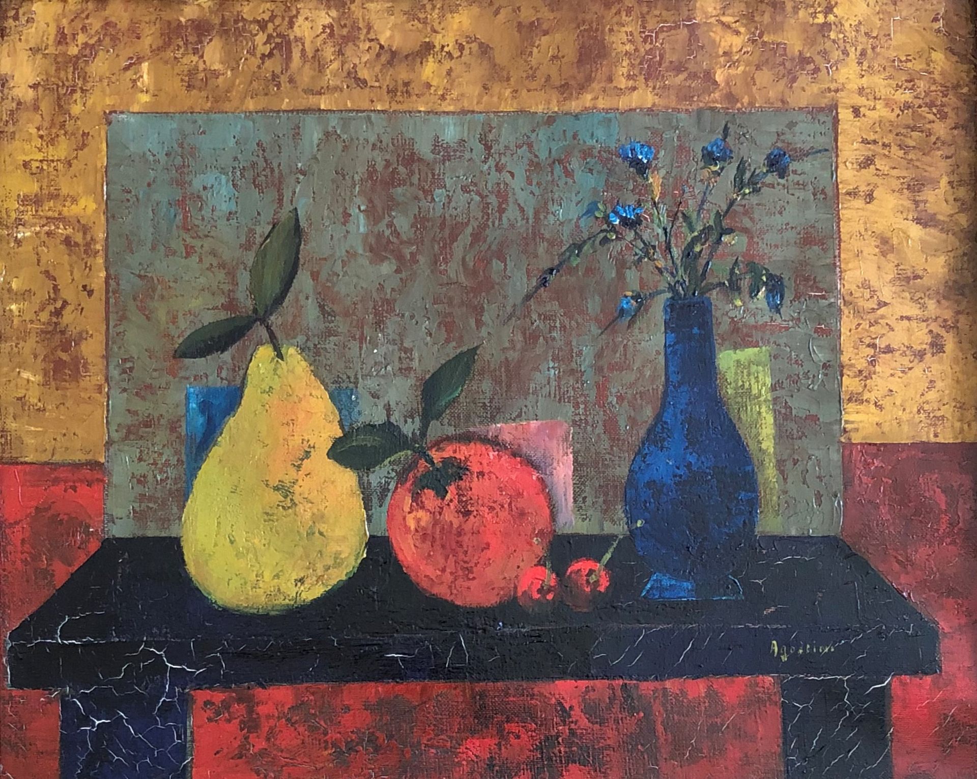 Null 托尼-阿戈斯蒂尼(1916-1990)

水果和蓝色花瓶的静物画

布面油画，右下角有签名。

裂缝

38 x 46 厘米
