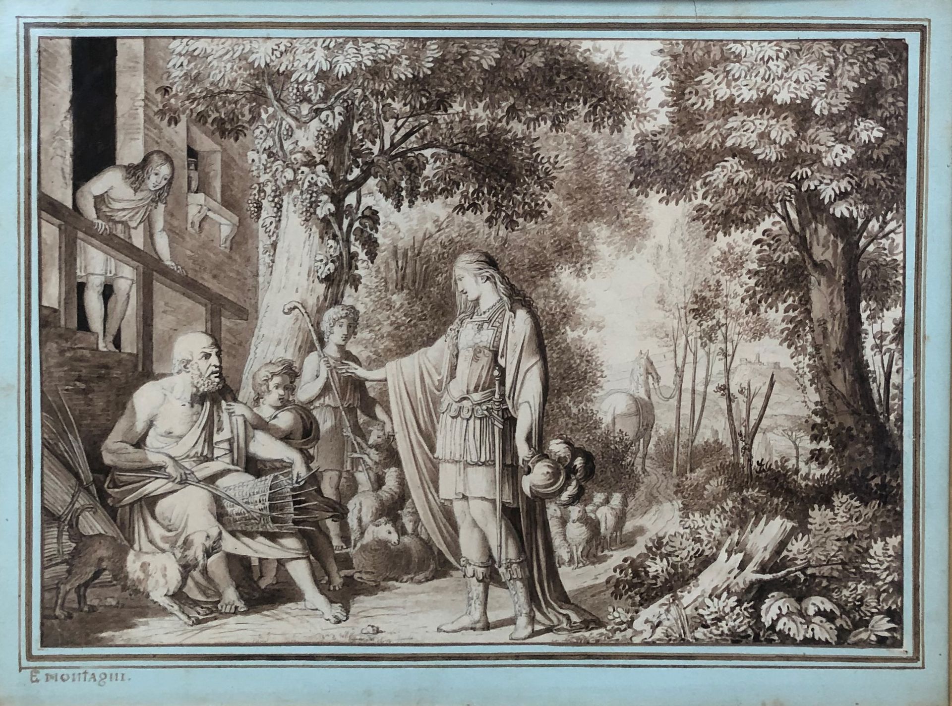 Null 19世纪初的意大利学校

神话般的场景

深褐色水墨画，署名 "E.画面左下方的 "Montagni "字样。

右上角有小的撕裂。主题：17 x 2&hellip;