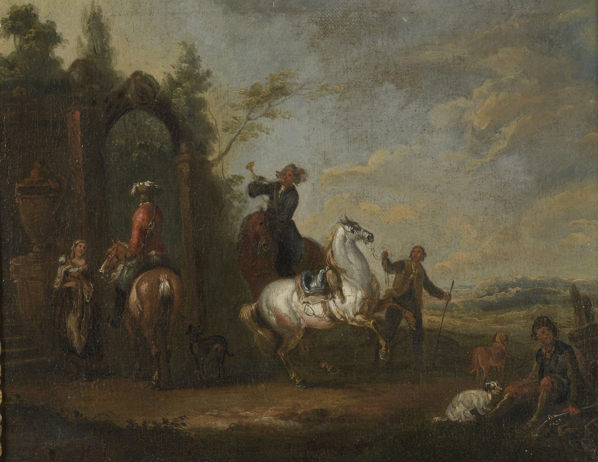Null 归属于August QUERFURT（1696-1761）。

骑士们的停顿

喷泉附近的骑手

一对画作，在其原始画布上。

磨损和修复。

43,&hellip;