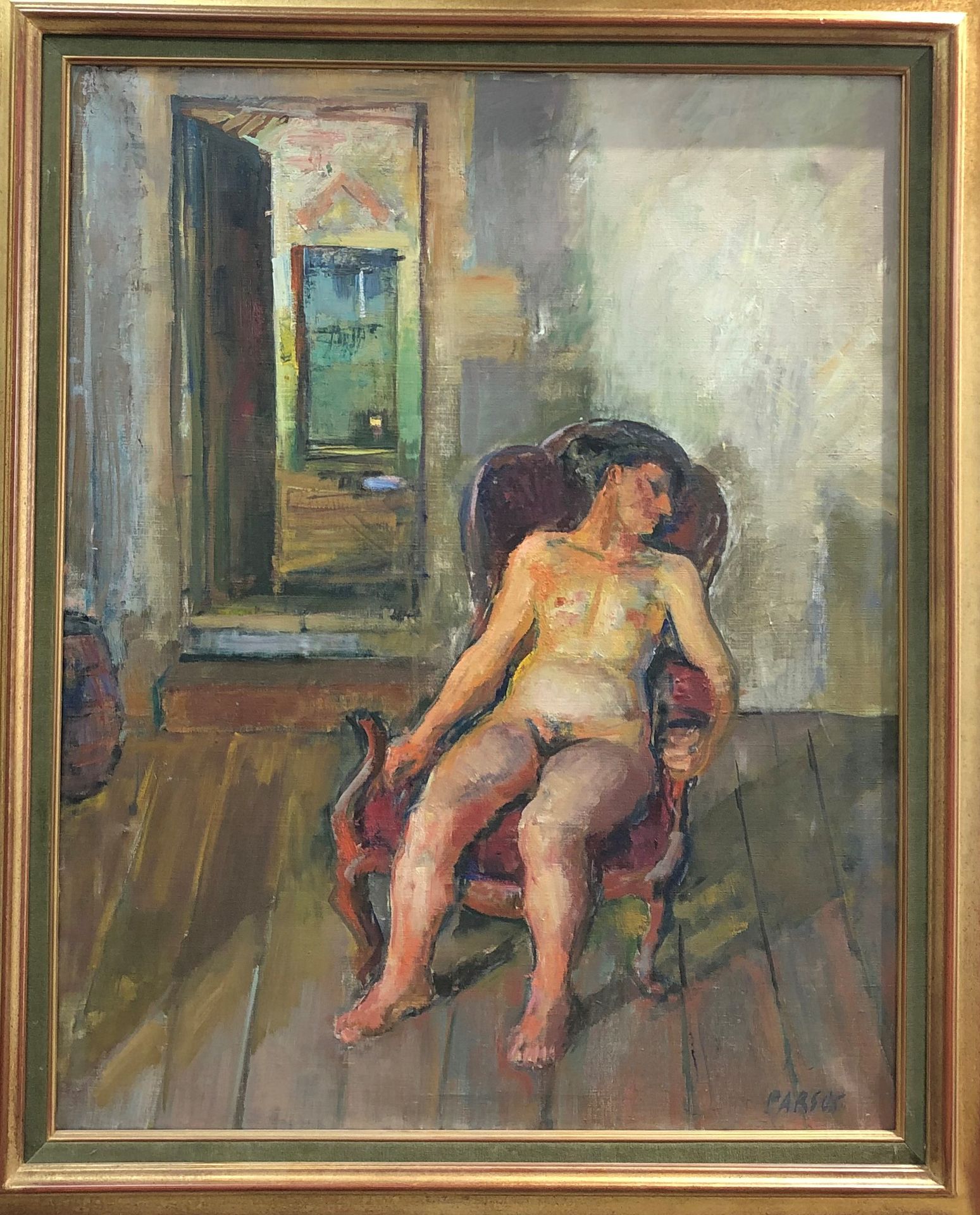 Null 皮埃尔-帕苏斯（生于1921年）。

坐在扶手椅上的裸体

布面油画。

右下方有签名。

92 x 65 cm