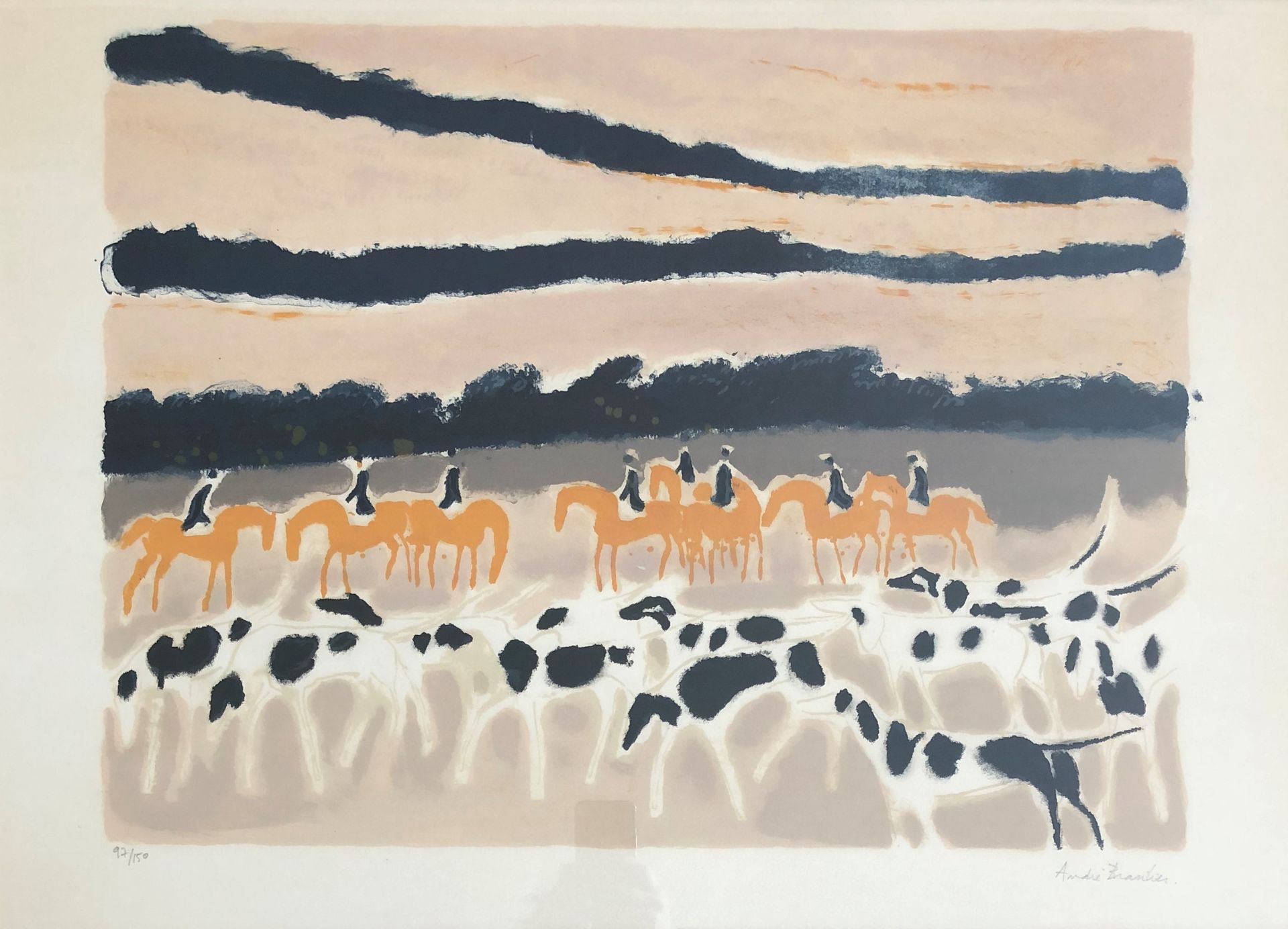 Null André BRASILIER (1929)

狩猎场景

彩色石版画，左下角有编号97/150，右下角有签名。

发黄的纸张。

53,5 x 74&hellip;