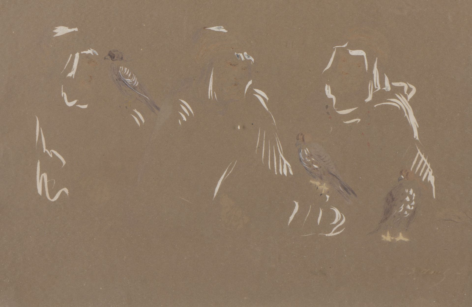 Null 20世纪的学校

关于猎鹰的三项研究

水粉画在棕色纸上。

右下角有签名，难以辨认。

19 x 28 cm
