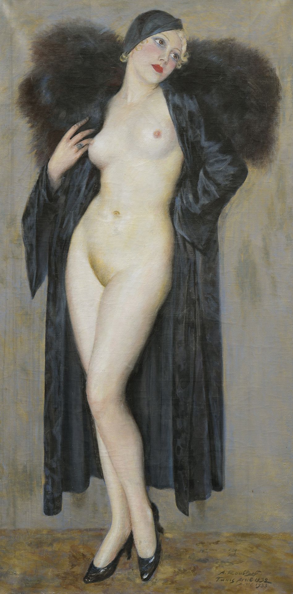 Null 亚历山大-鲁布佐夫 (1884-1949)

1932年4月至1933年4月，突尼斯大衣和毛领下的年轻裸体女子

布面油画。

右下方有签名、位置和日&hellip;
