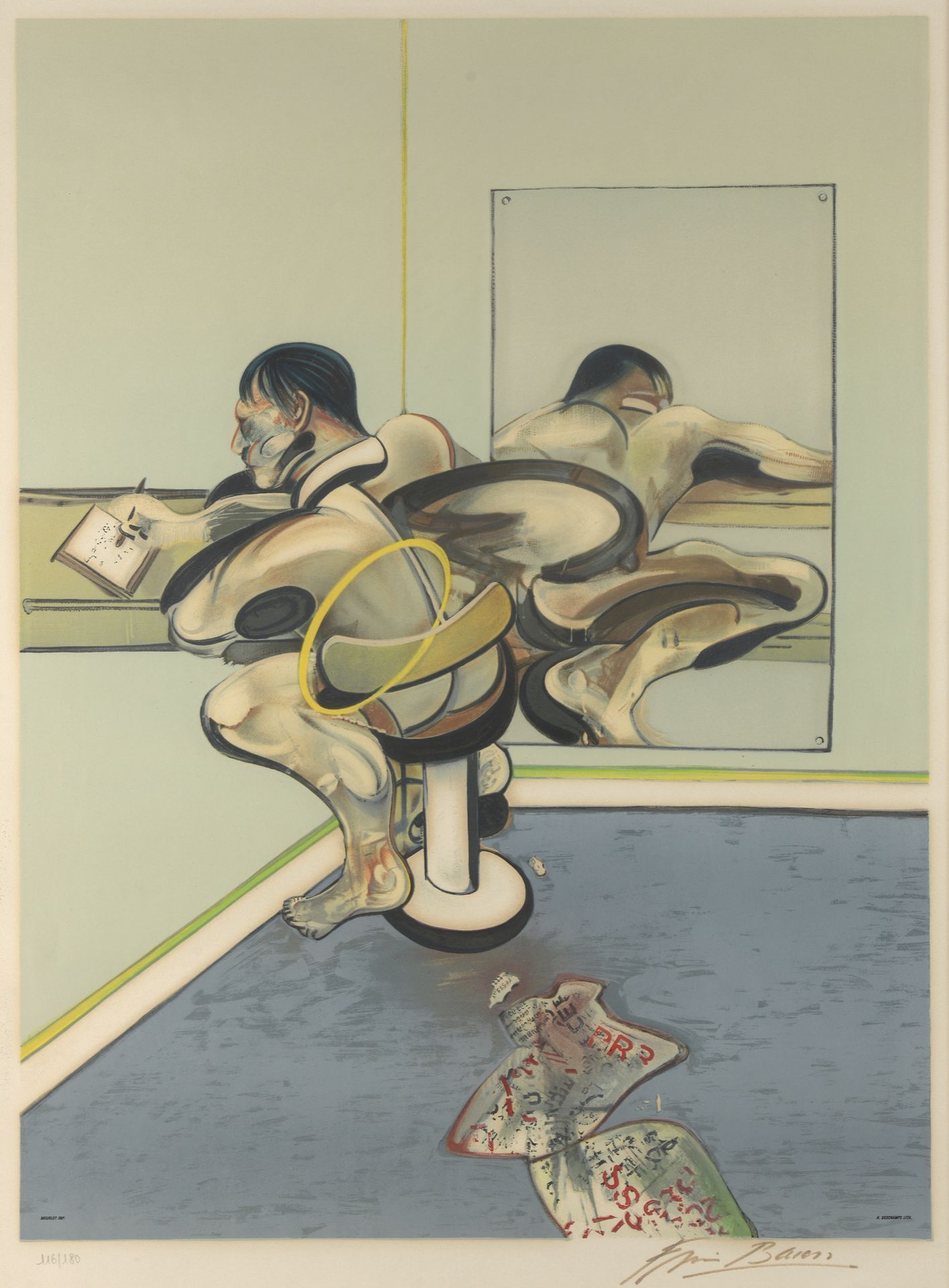Null 弗朗西斯-巴肯(1909-1992)

反映在镜子里的男子写作，1977年

在Arches羊皮纸上的彩色石版画，右下方有签名，左下方有编号116/1&hellip;