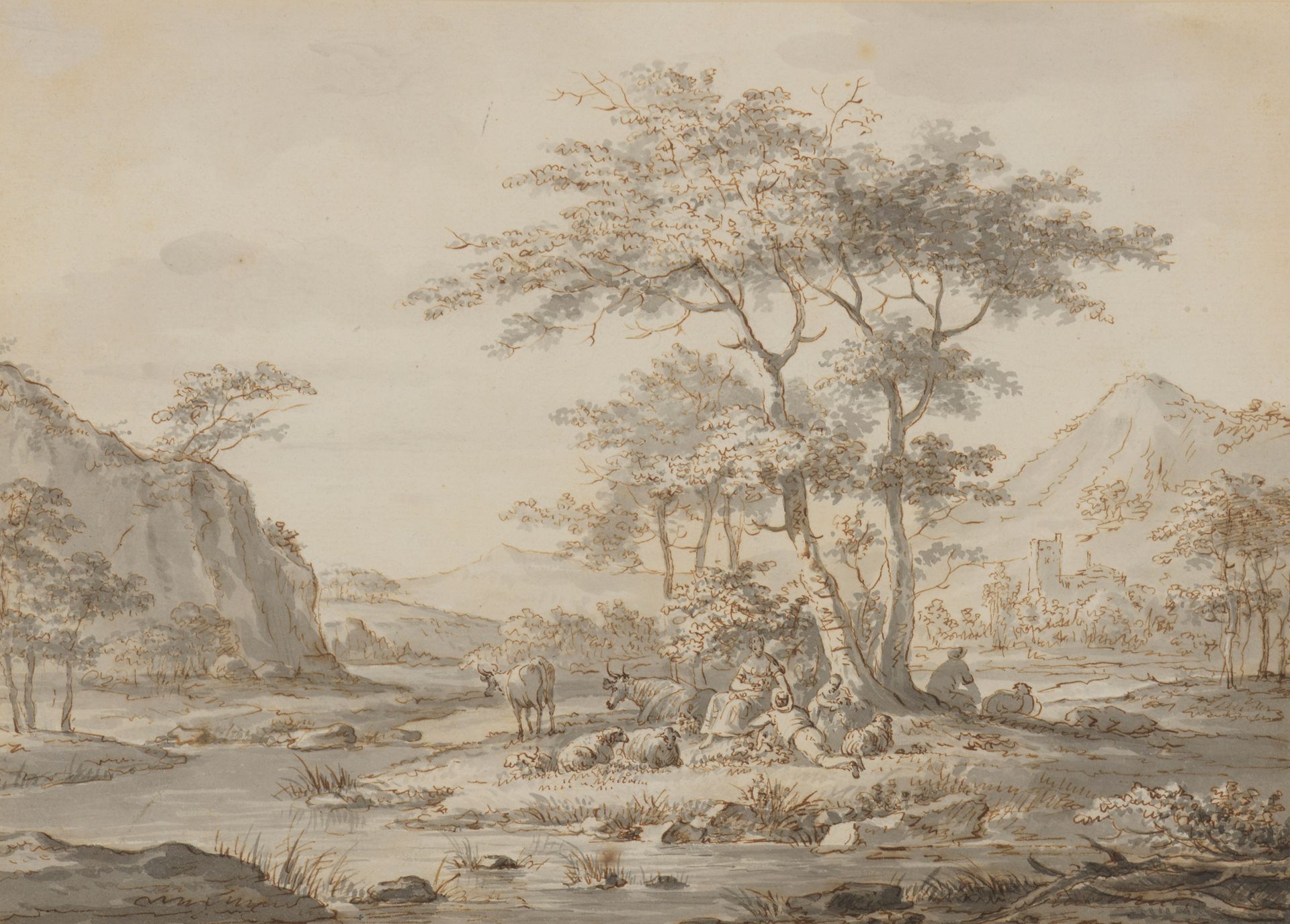 Null 归功于亚当-皮纳克（约1622-1673）。

树下的牧羊人家庭

钢笔和棕色墨水，棕色水墨

21 x 29.5厘米