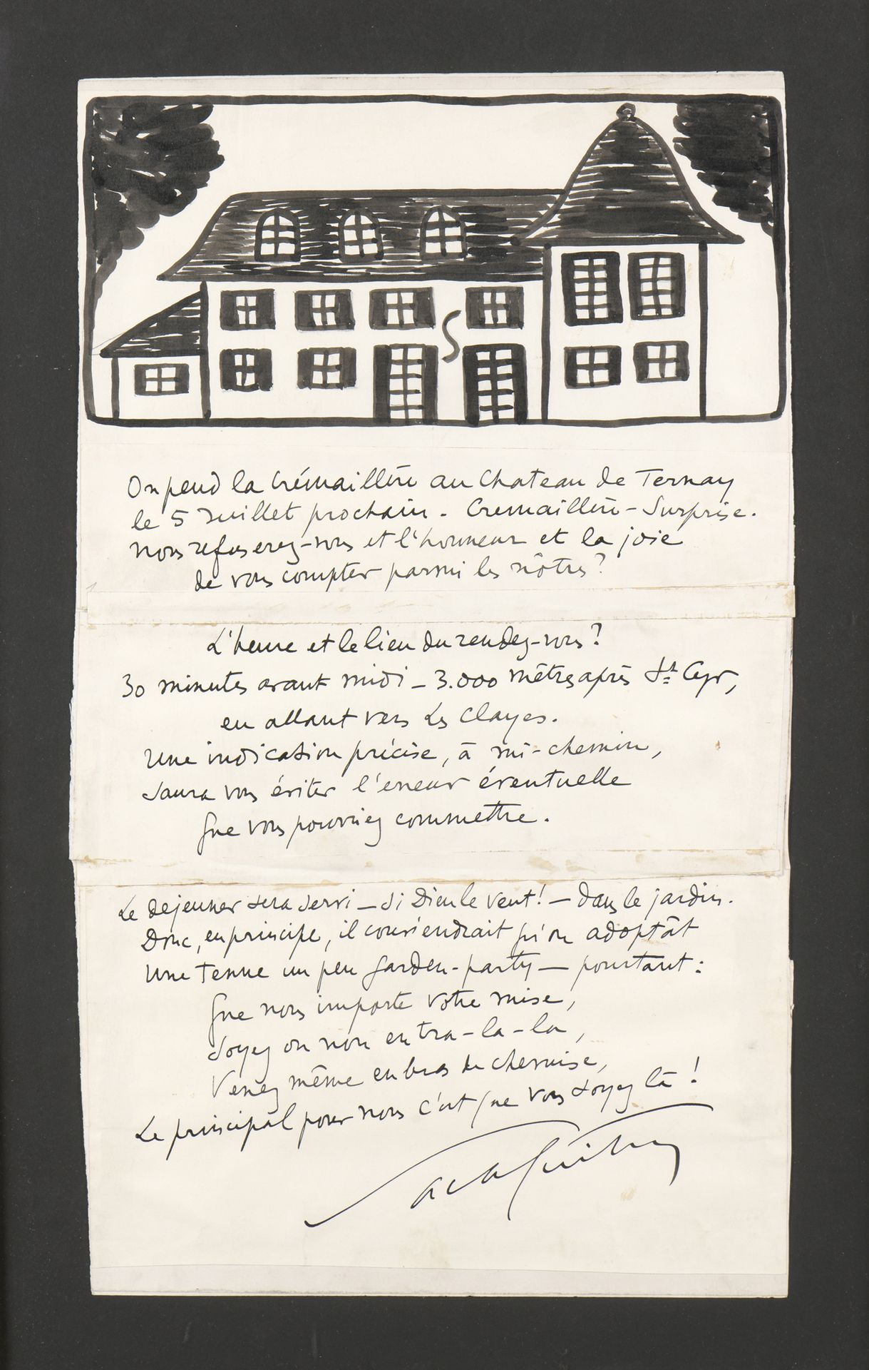 Null 萨沙-吉特里。- 三份有框架的文件。

1/--写在Cap d'Ail的Eden-Grand酒店信笺上的手写信件--4张在玻璃下的框架，正面和背面（框&hellip;