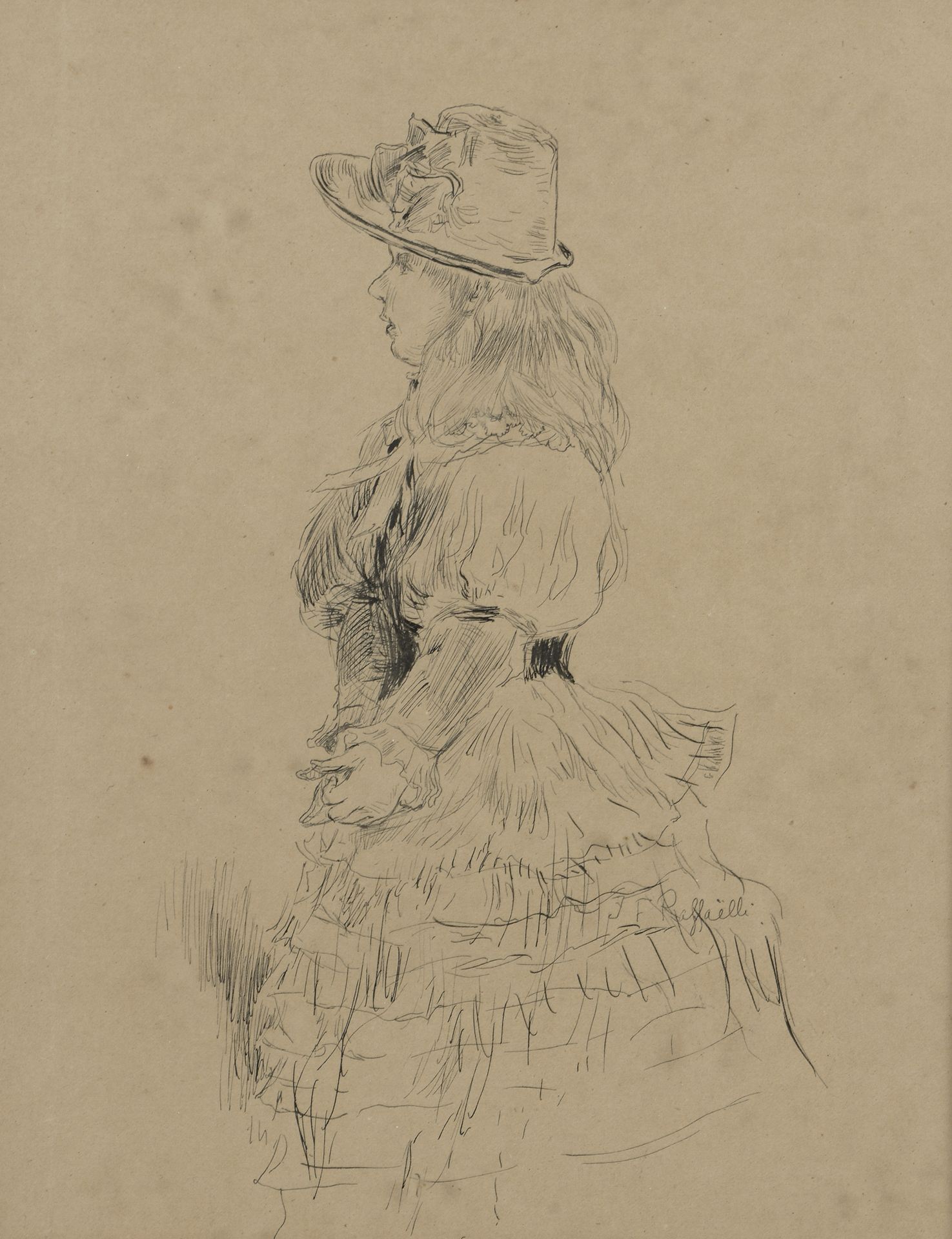 Null 归功于让-弗朗索瓦-拉斐尔（1850-1924）。

戴帽子的年轻女孩的轮廓

钢笔和墨水在纸上。

右下方有一个神秘的签名。

20 x 16 cm