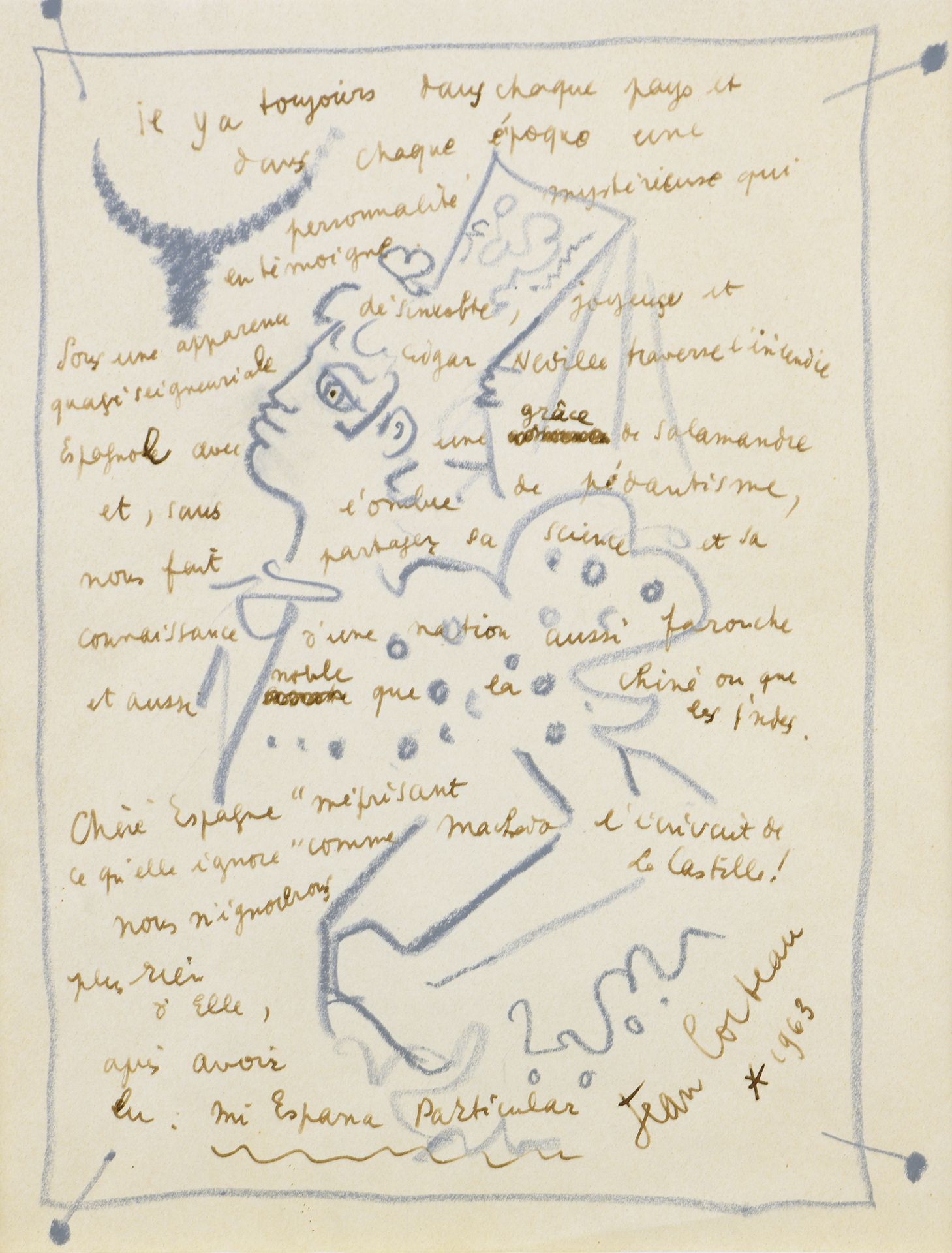 Null 让-科克托（Jean COCTEAU） (1889-1963)

诗中绘有一个戴着头巾的西班牙妇女的图画

文字用钢笔和棕色墨水，蓝色铅笔画。

右下&hellip;