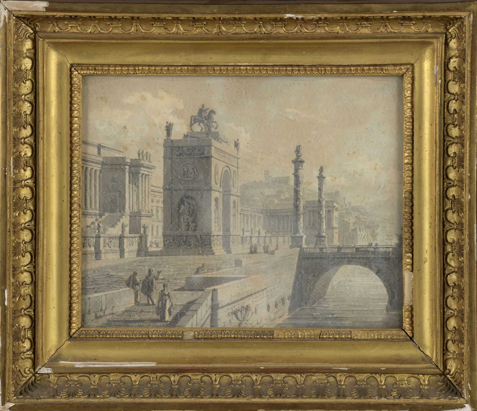 Null 约1800年的法国学校

有古代遗迹的港口

在一座桥和一座罗马拱门附近的漫步者

双人画，钢笔和灰黑色墨水，灰色水洗

18.5 x 23 cm