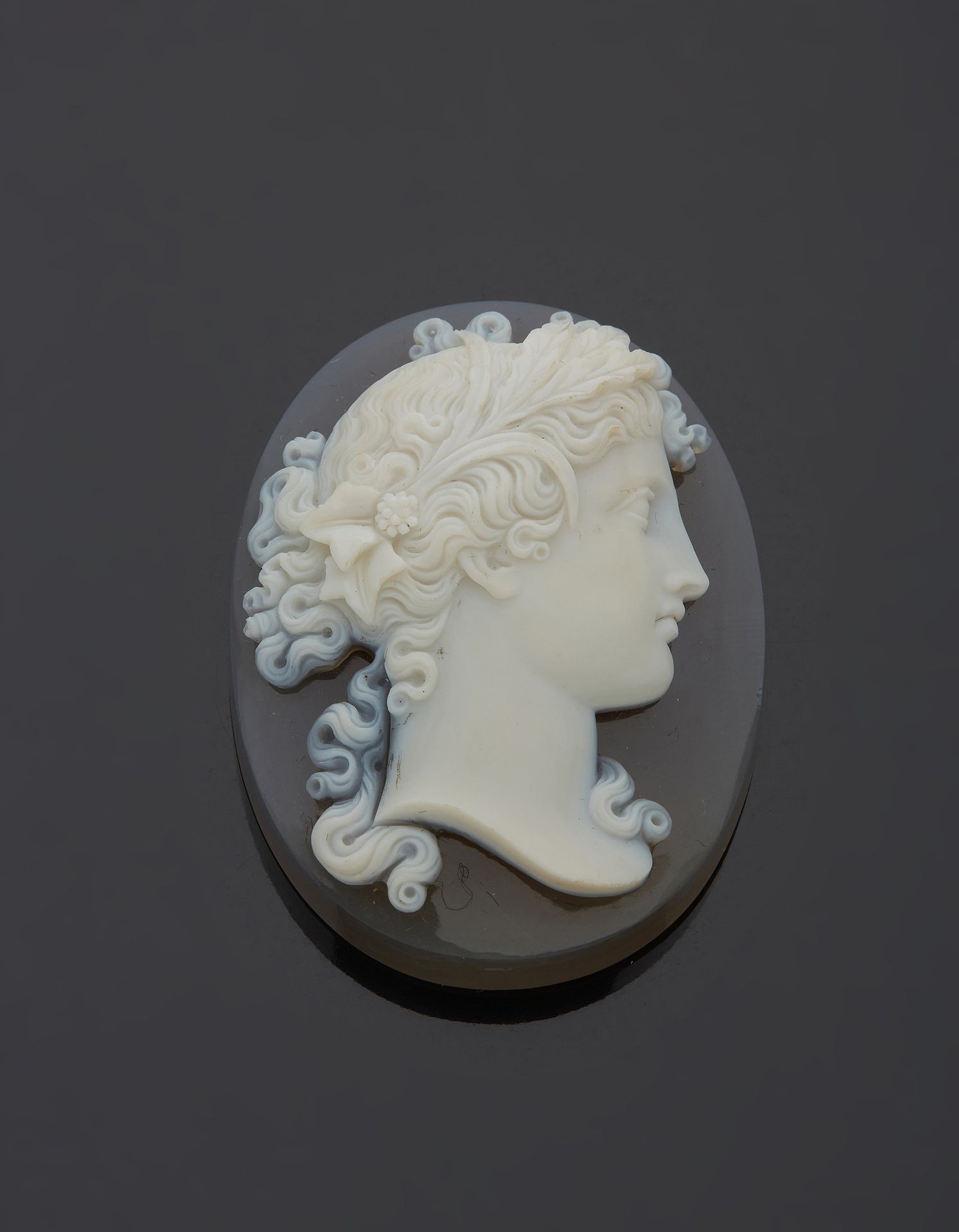 Null Camée sur agate représentant le profil d’une jeune femme.

Dim. 5,30 x 4 cm