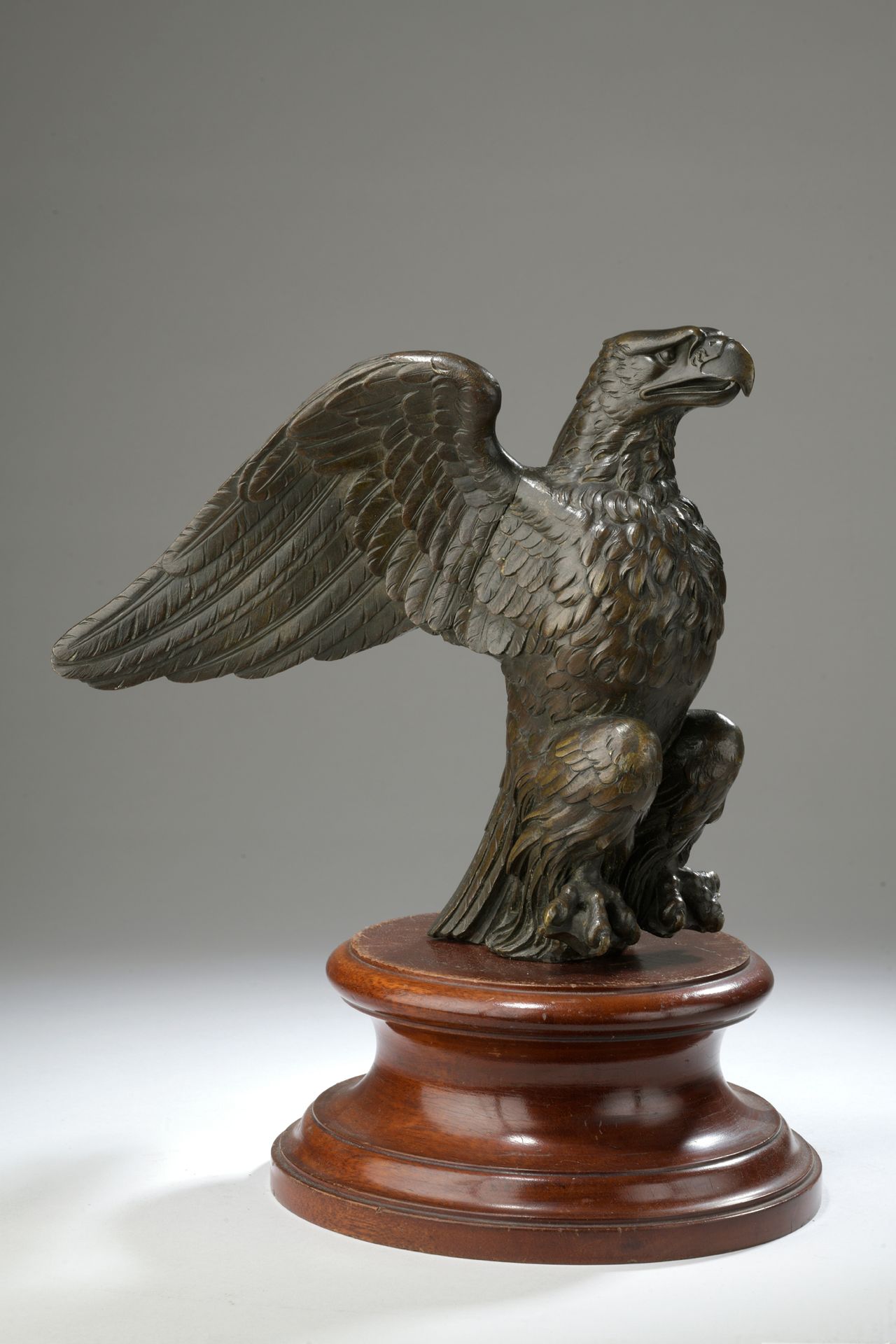 Null 法国学校，19世纪初

伸开翅膀的鹰

带有棕色铜锈的青铜器

H.22.6在一个木制底座上，高9.6厘米