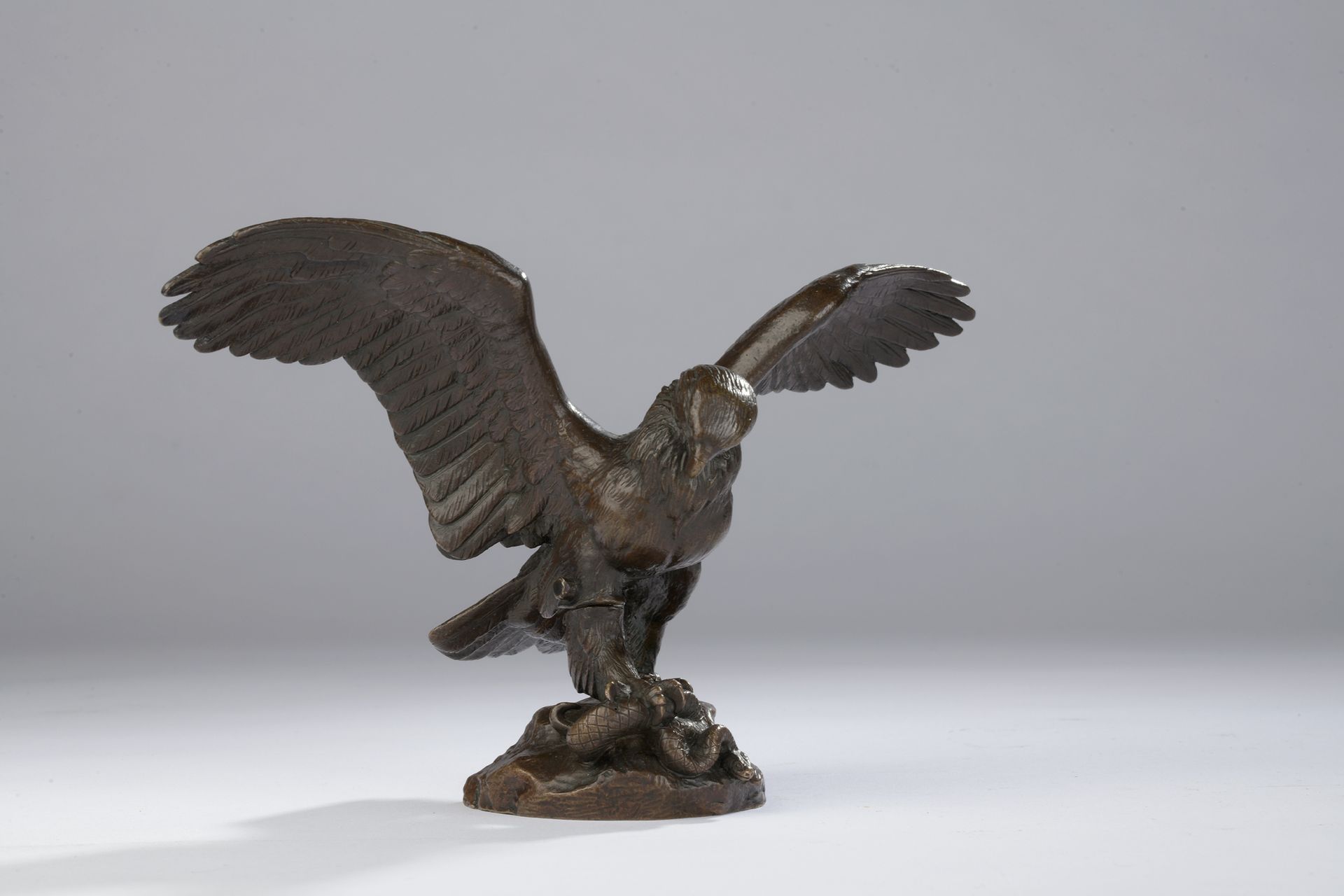 Null 安东尼-路易-巴耶 (1795-1875)

老鹰背着一条蛇

有浅棕色铜锈的青铜器 岩石上有 "BARYE "签名

内侧印有两次数字 "19"，这&hellip;